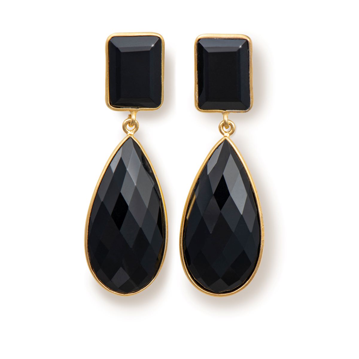 Long Statement Earrings with a Rectangle Stone and Long Pear Shaped Stone Drop  - Black Onyx