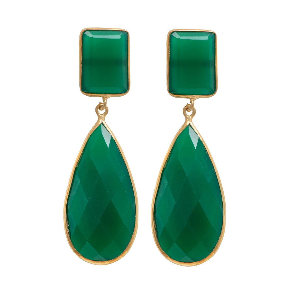 Long Statement Earrings with a Rectangle Stone and Long Pear Shaped Stone Drop - Green Onyx