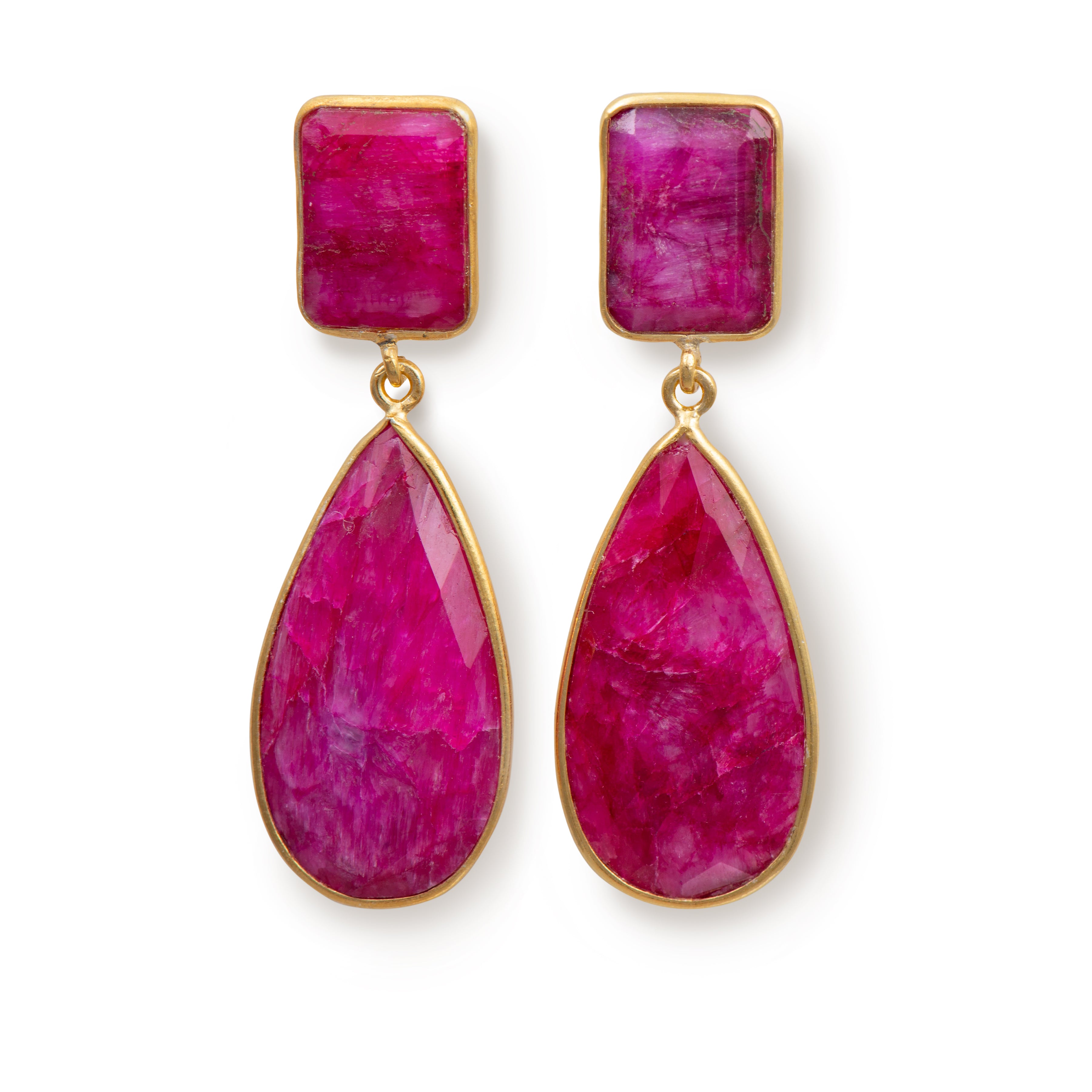 Long Statement Earrings with a Rectangle Stone and Long Pear Shaped Stone Drop - Ruby Quartz