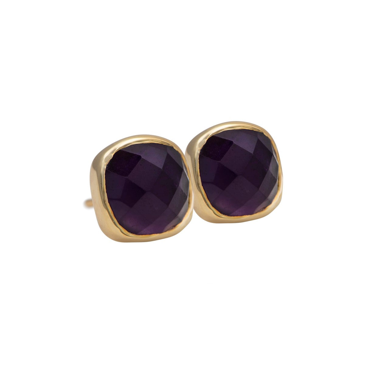 Faceted Square Amethyst Gemstone Stud Earrings in Gold Plated Sterling Silver