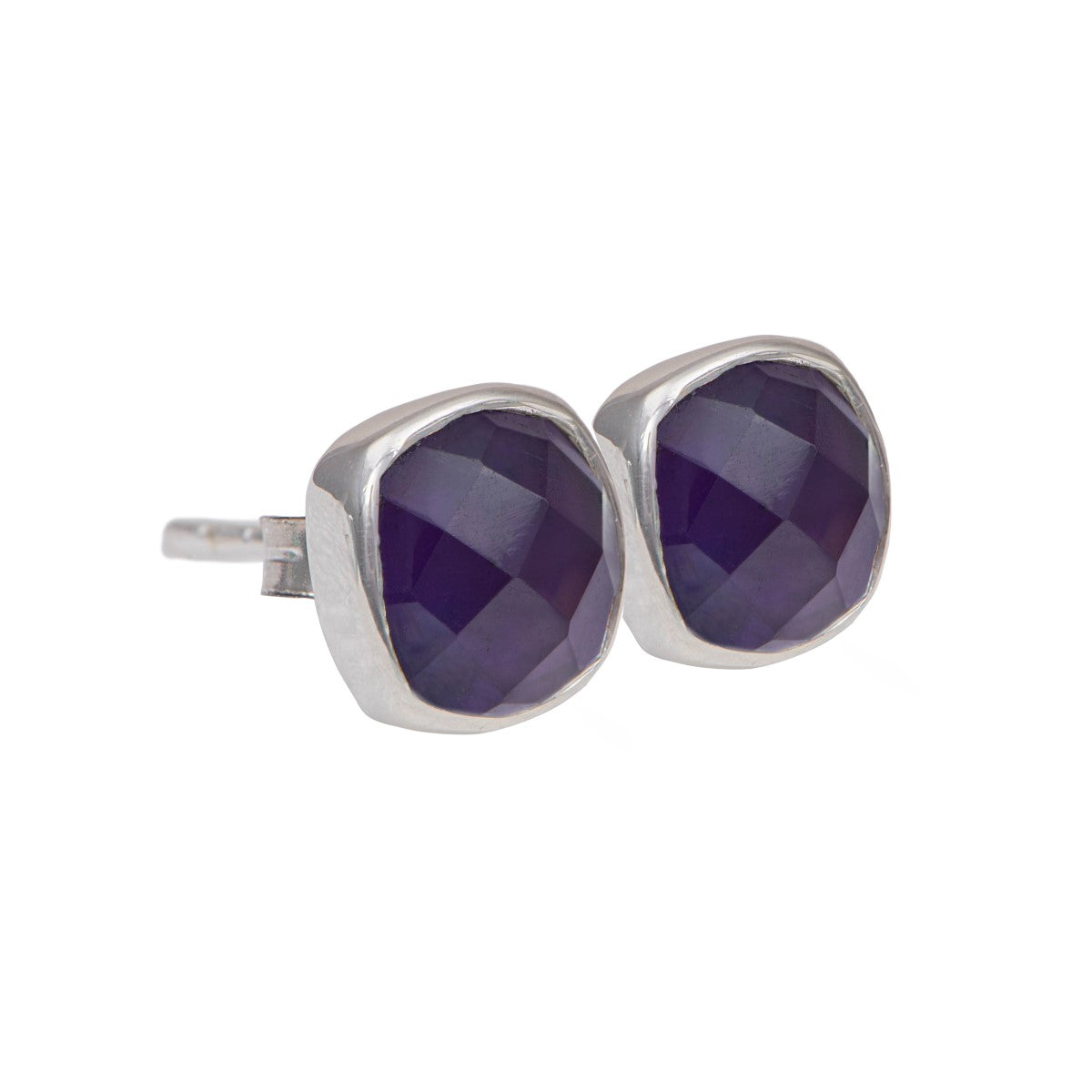 Faceted Square Amethyst Gemstone Stud Earrings in Sterling Silver