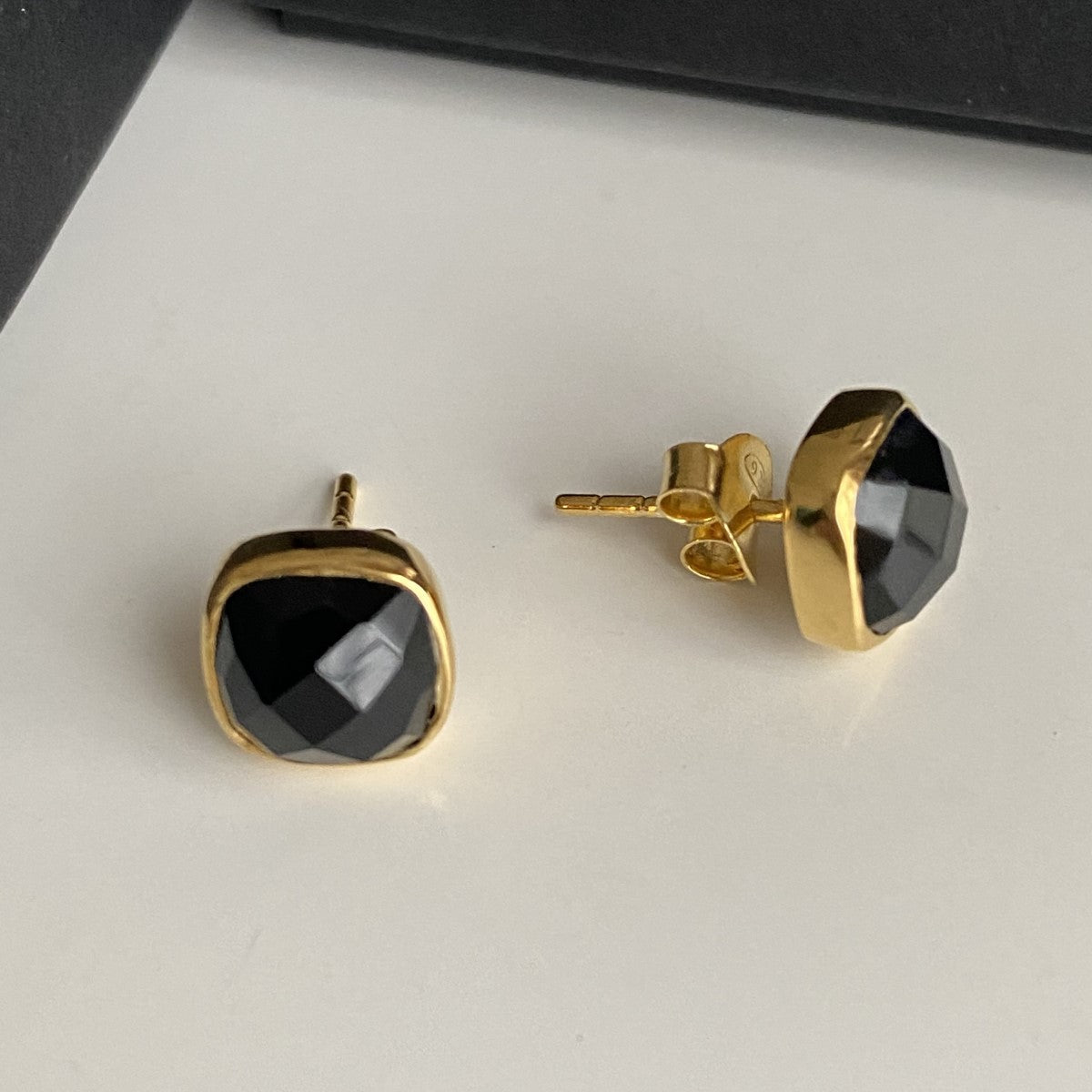 Faceted Square Black Onyx Gemstone Stud Earrings in Gold Plated Sterling Silver