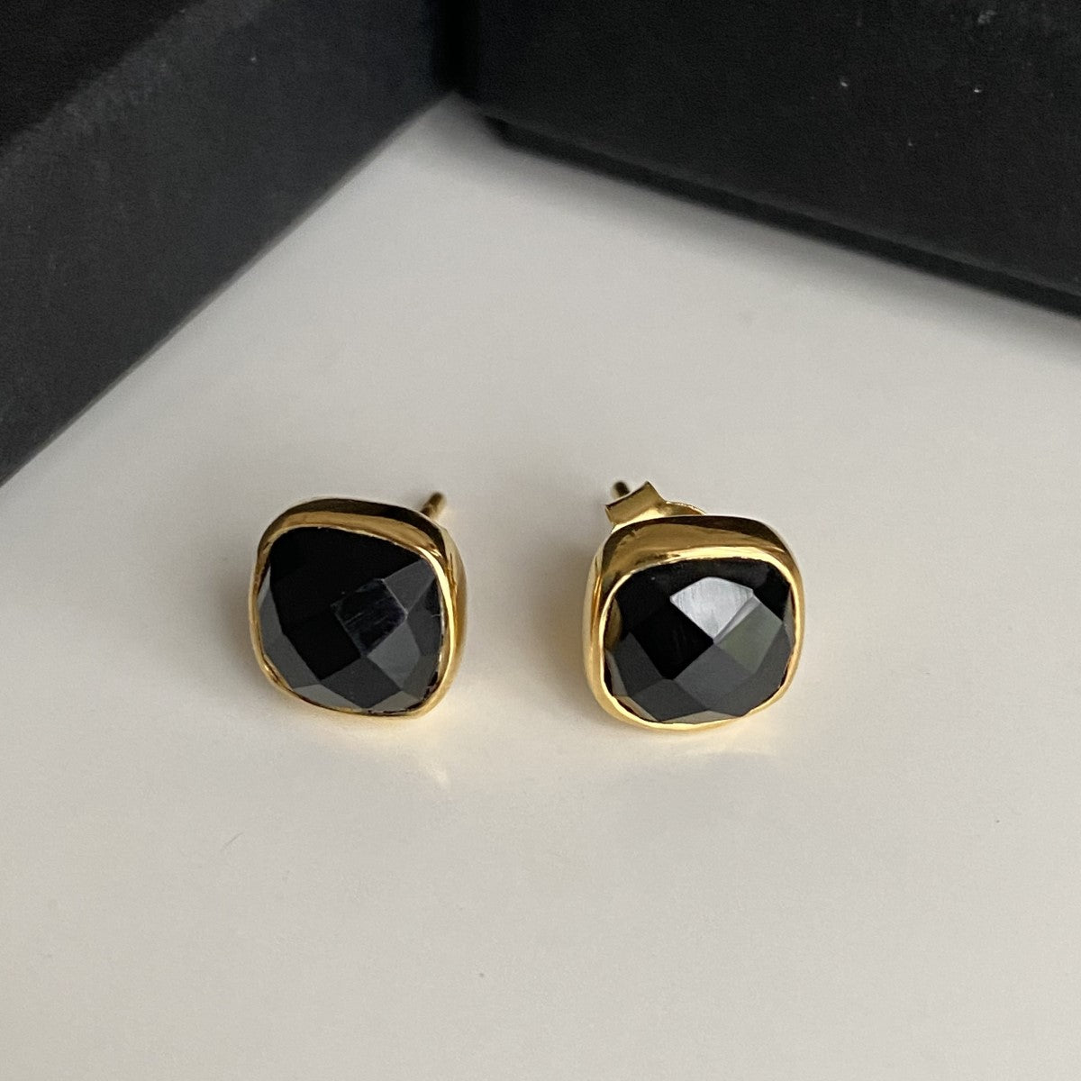 Faceted Square Black Onyx Gemstone Stud Earrings in Gold Plated Sterling Silver