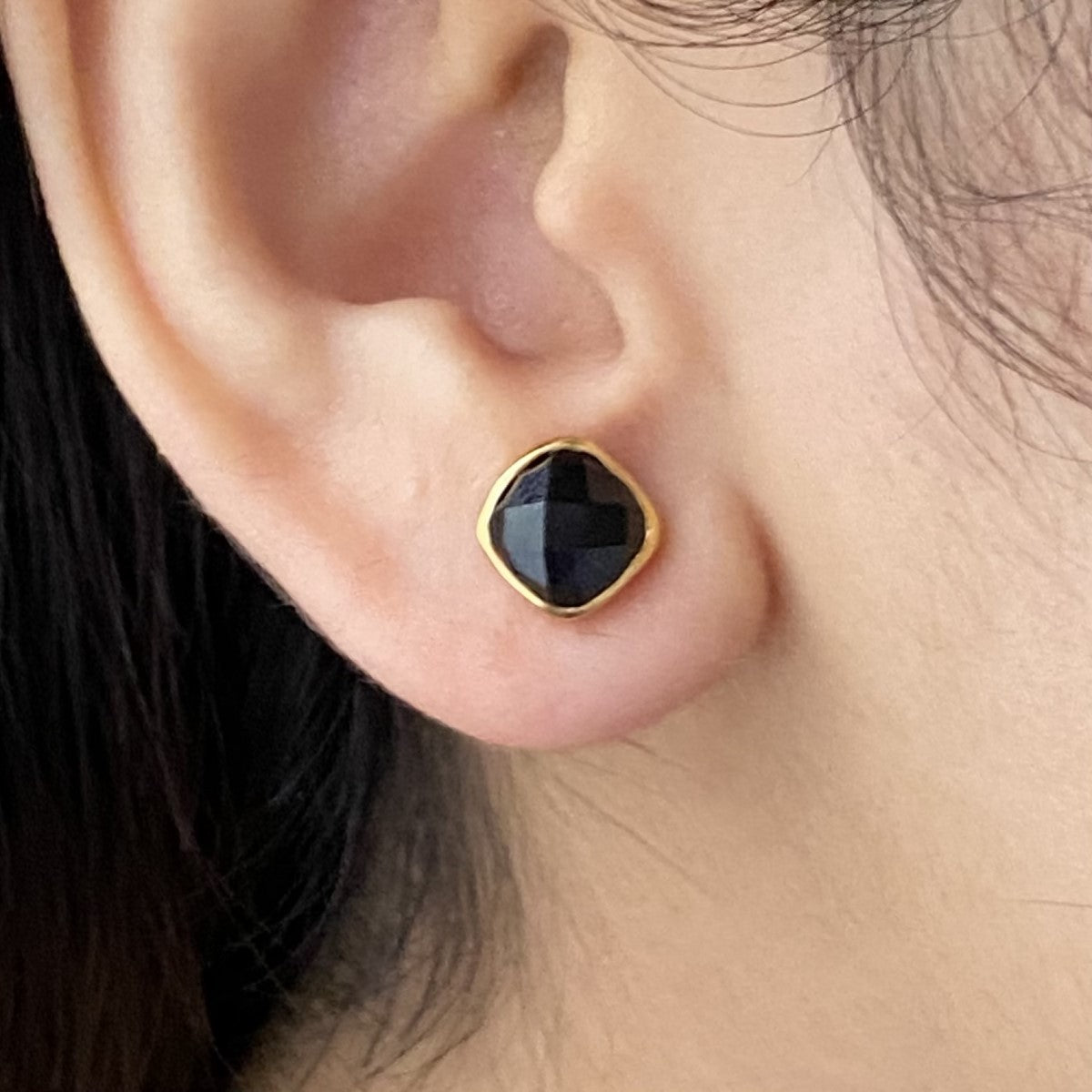 Faceted Square Black Onyx Gemstone Stud Earrings in Gold Plated Sterling Silver