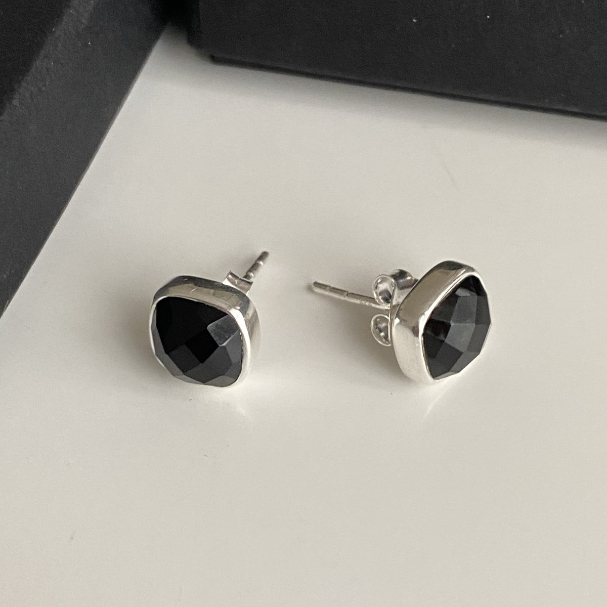 Faceted Square Black Onyx Gemstone Stud Earrings in Sterling Silver