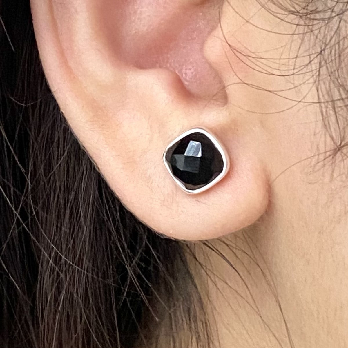 Faceted Square Black Onyx Gemstone Stud Earrings in Sterling Silver