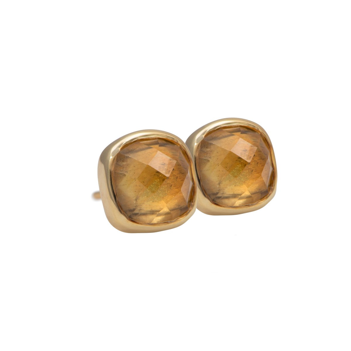 Faceted Square Citrine Gemstone Stud Earrings in Gold Plated Sterling Silver