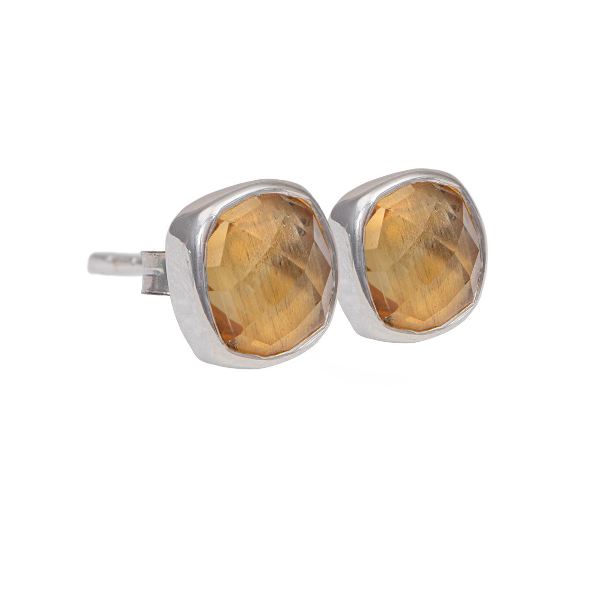 Faceted Square Citrine Gemstone Stud Earrings in Sterling Silver