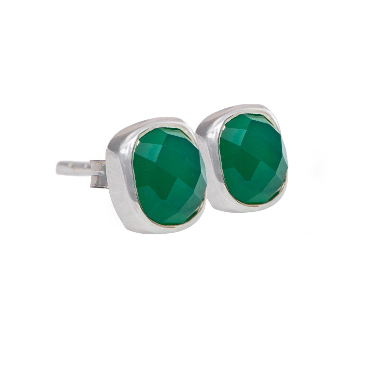 Faceted Square Green Onyx Gemstone Stud Earrings in Sterling Silver