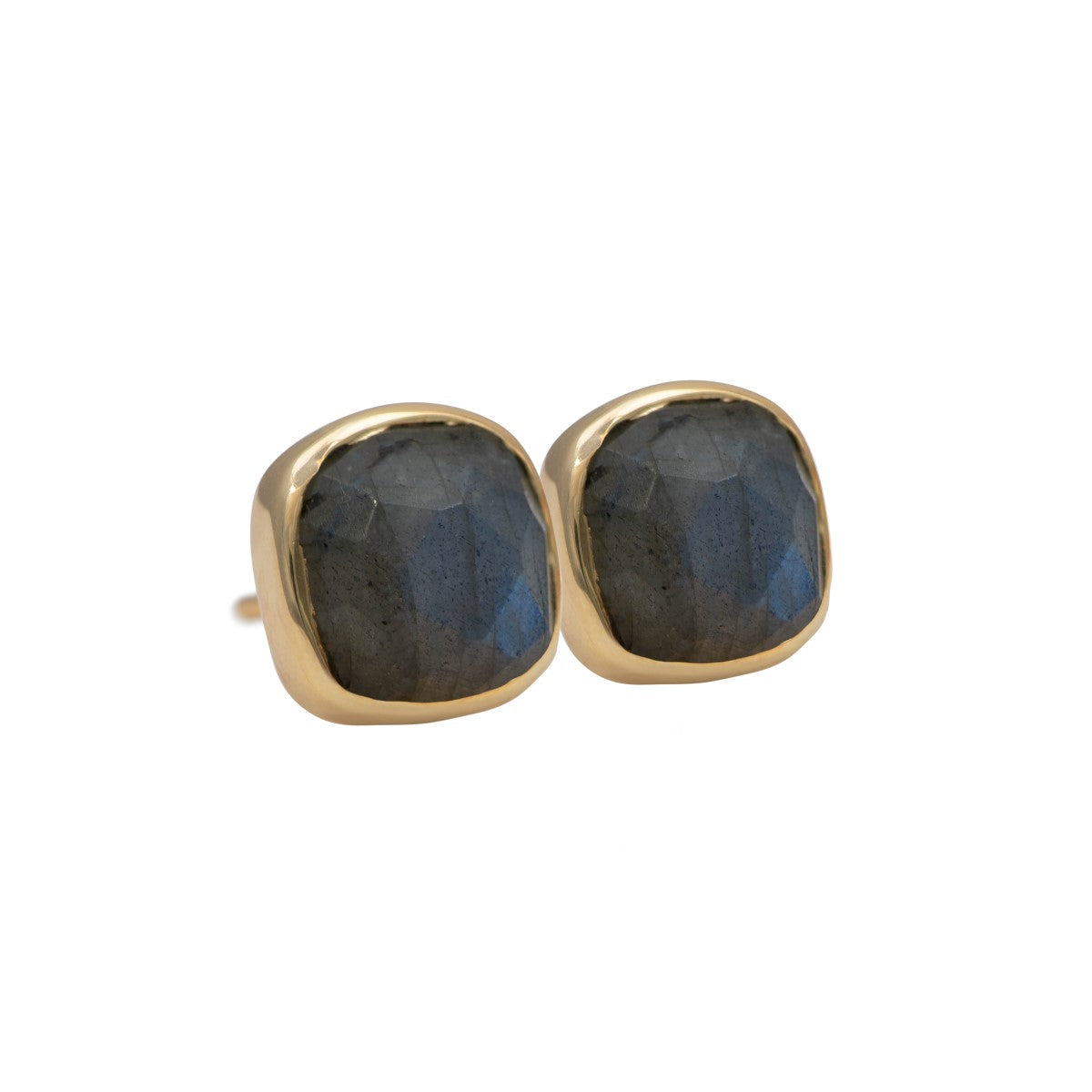 Faceted Square Labradorite Gemstone Stud Earrings in Gold Plated Sterling Silver