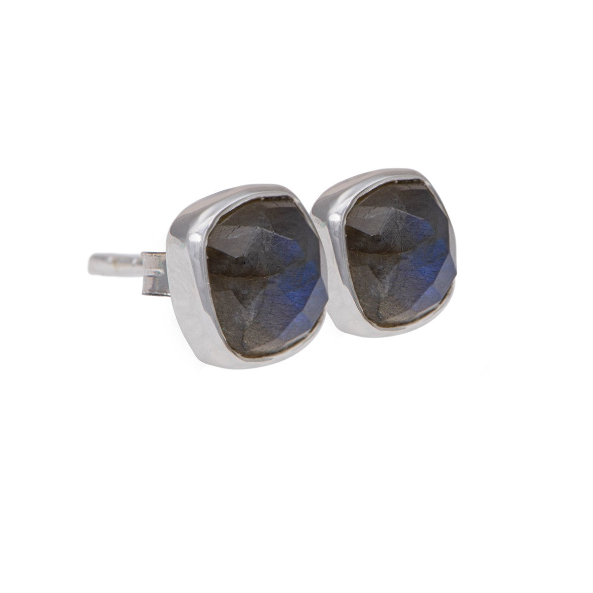 Faceted Square Labradorite Gemstone Stud Earrings in Sterling Silver