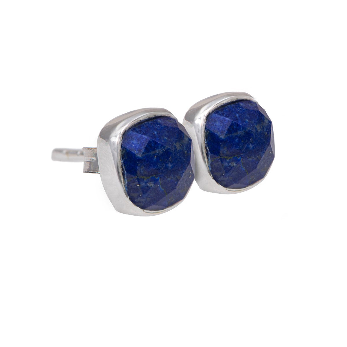 Faceted Square Lapiz Lazuli Gemstone Stud Earrings in Sterling Silver