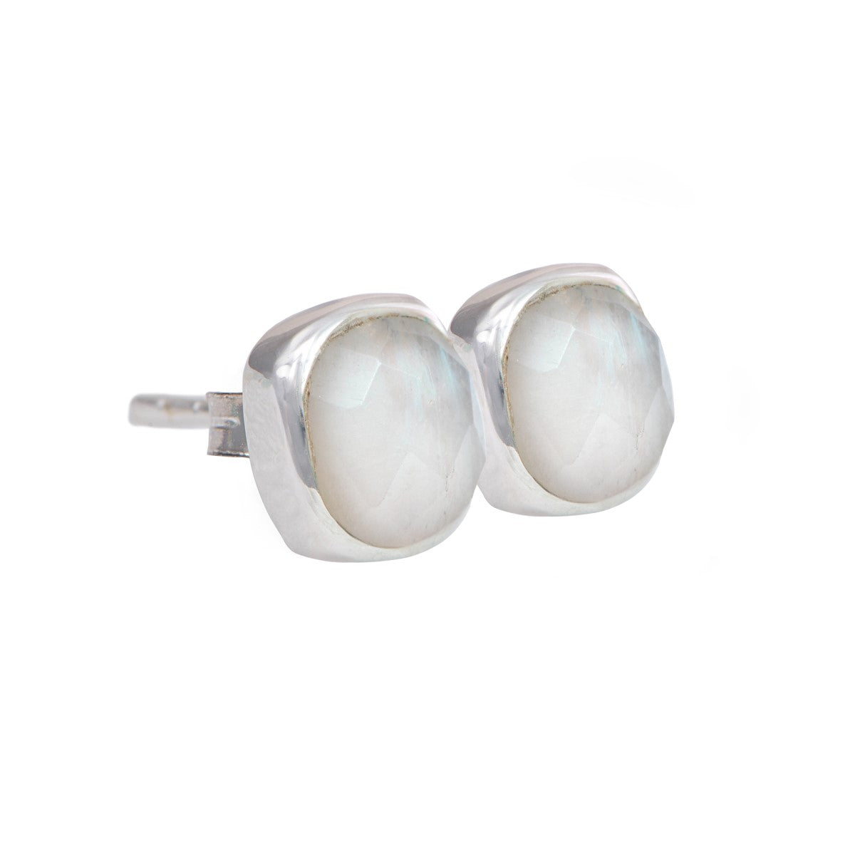 Faceted Square Moonstone Gemstone Stud Earrings in Sterling Silver