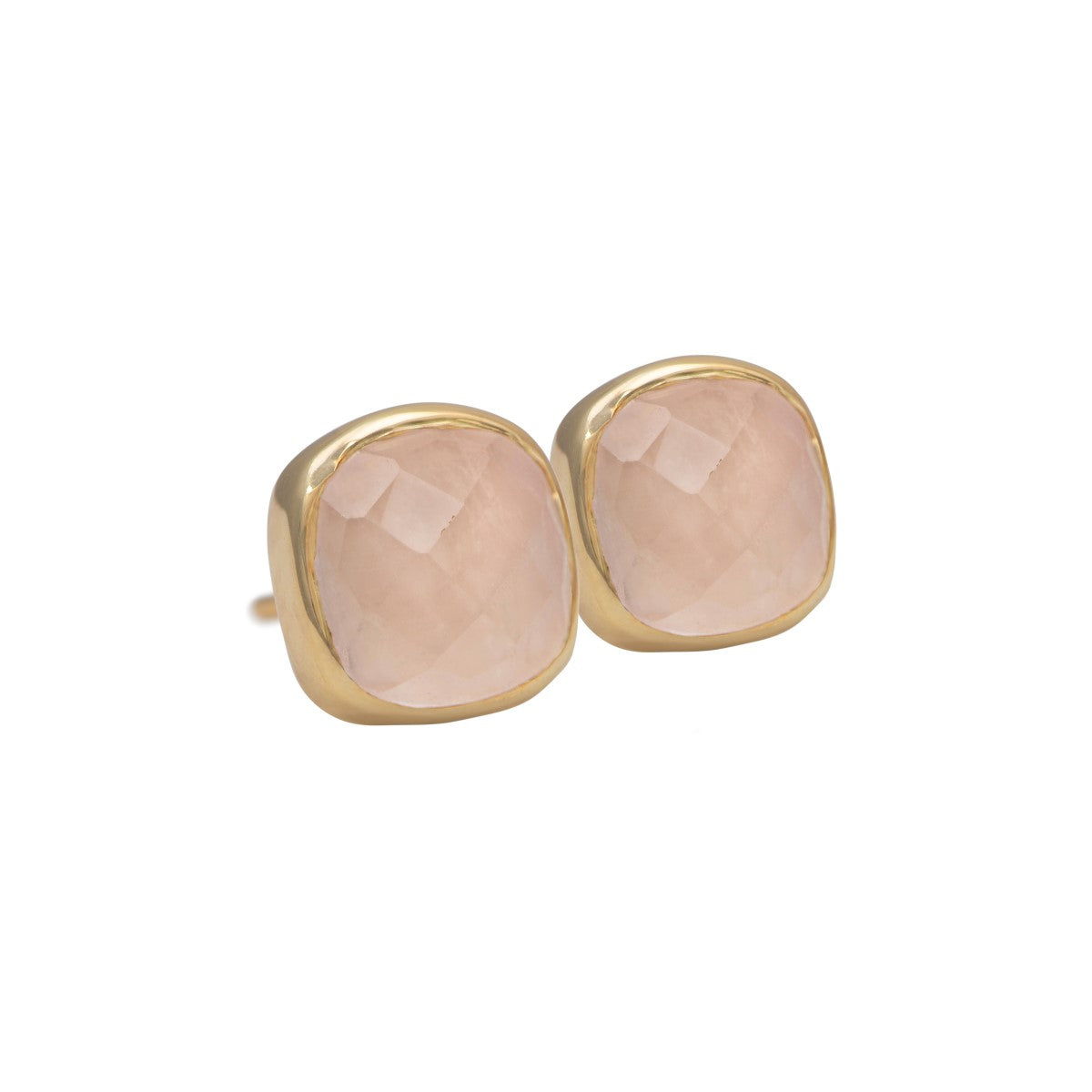 Faceted Square Rose Quartz Gemstone Stud Earrings in Gold Plated Sterling Silver