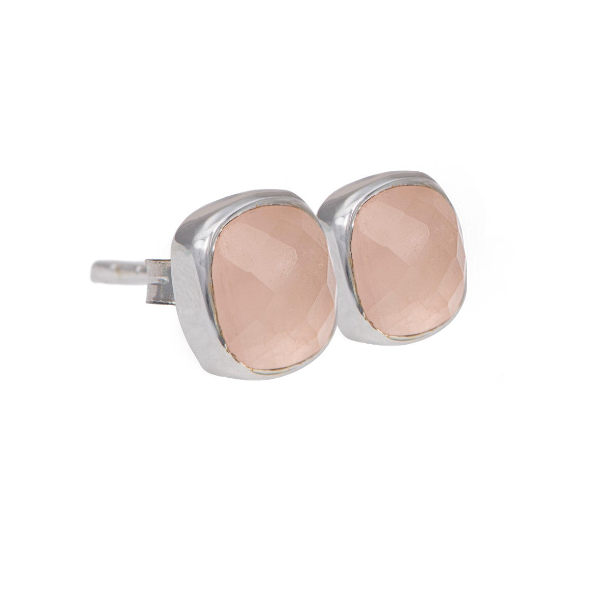 Faceted Square Rose Quartz Gemstone Stud Earrings in Sterling Silver