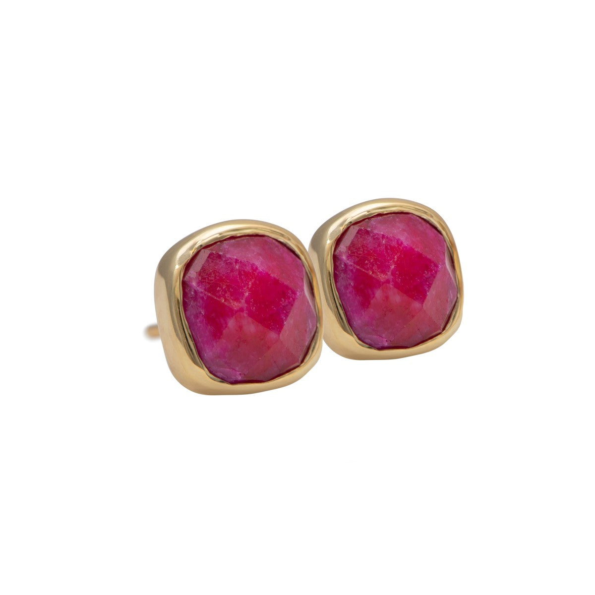 Faceted Square Ruby Quartz Gemstone Stud Earrings in Gold Plated Sterling Silver