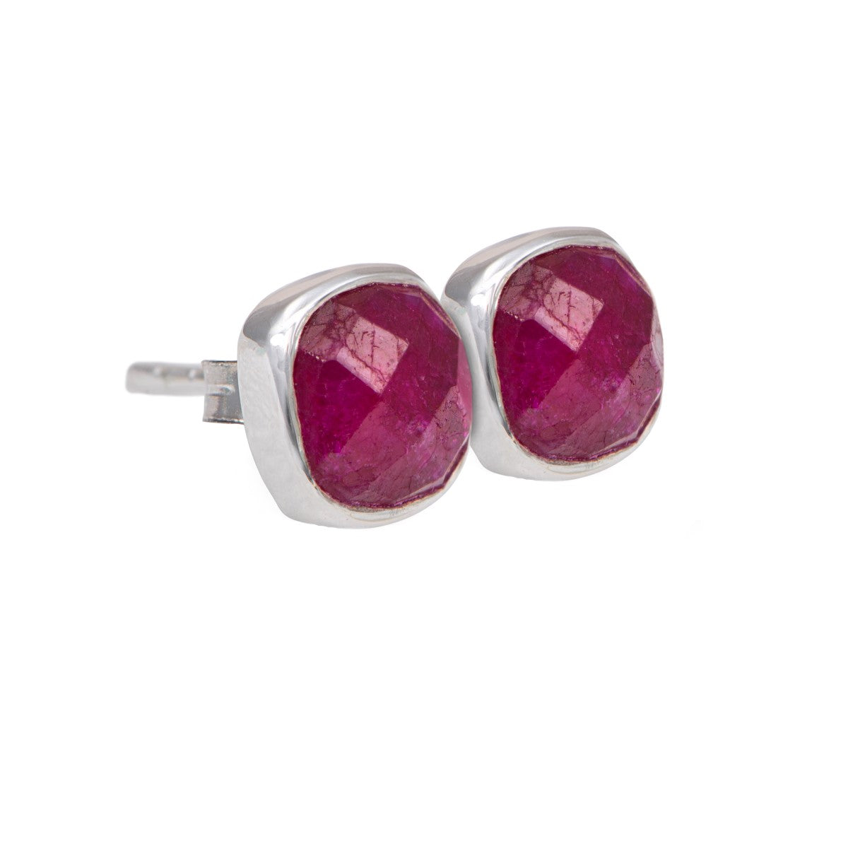 Faceted Square Ruby Quartz Gemstone Stud Earrings in Sterling Silver