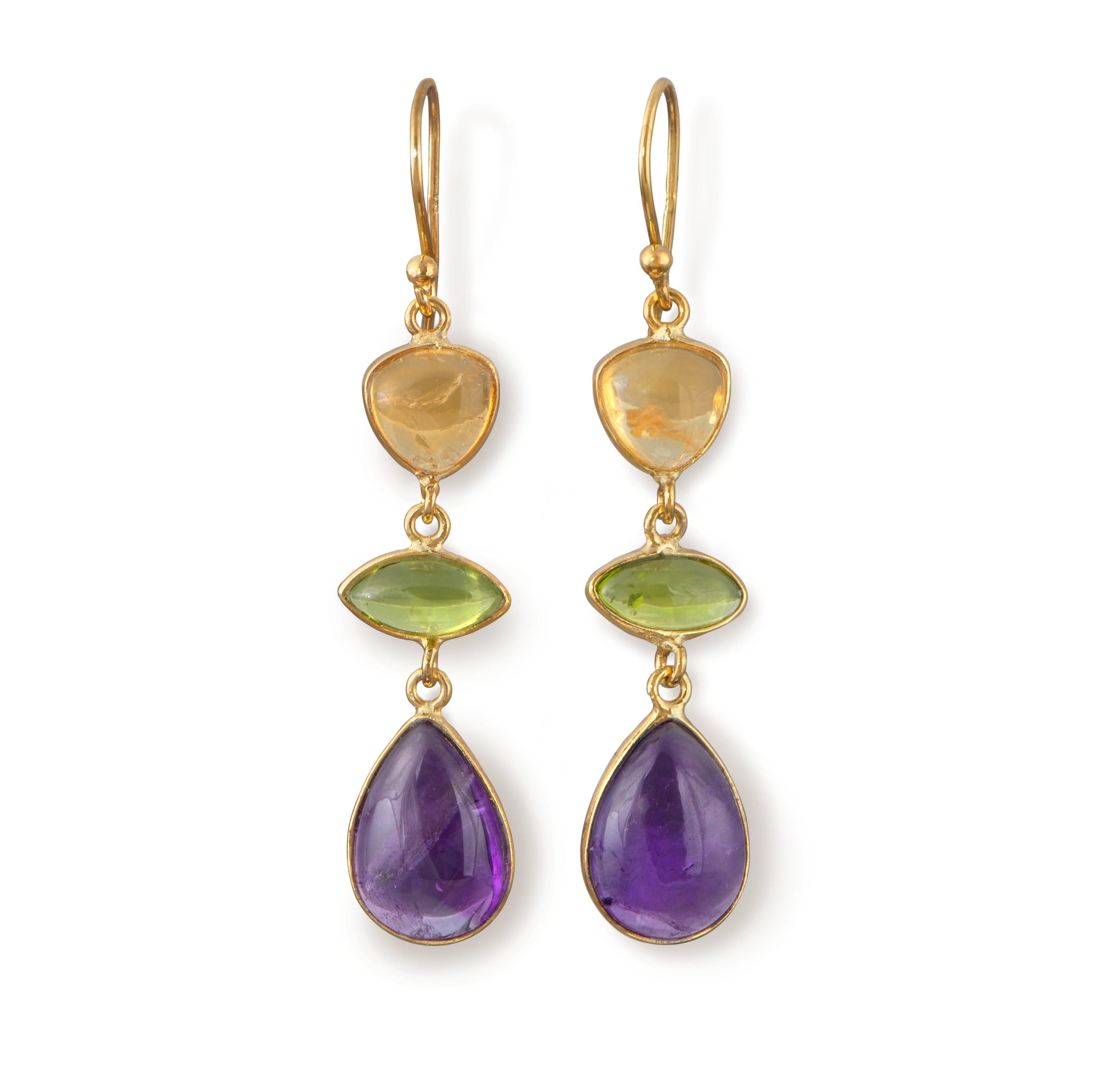 Long Hook Earrings with 3 Cabochon Cut Gemstones - Citrine, Peridot & Amethyst