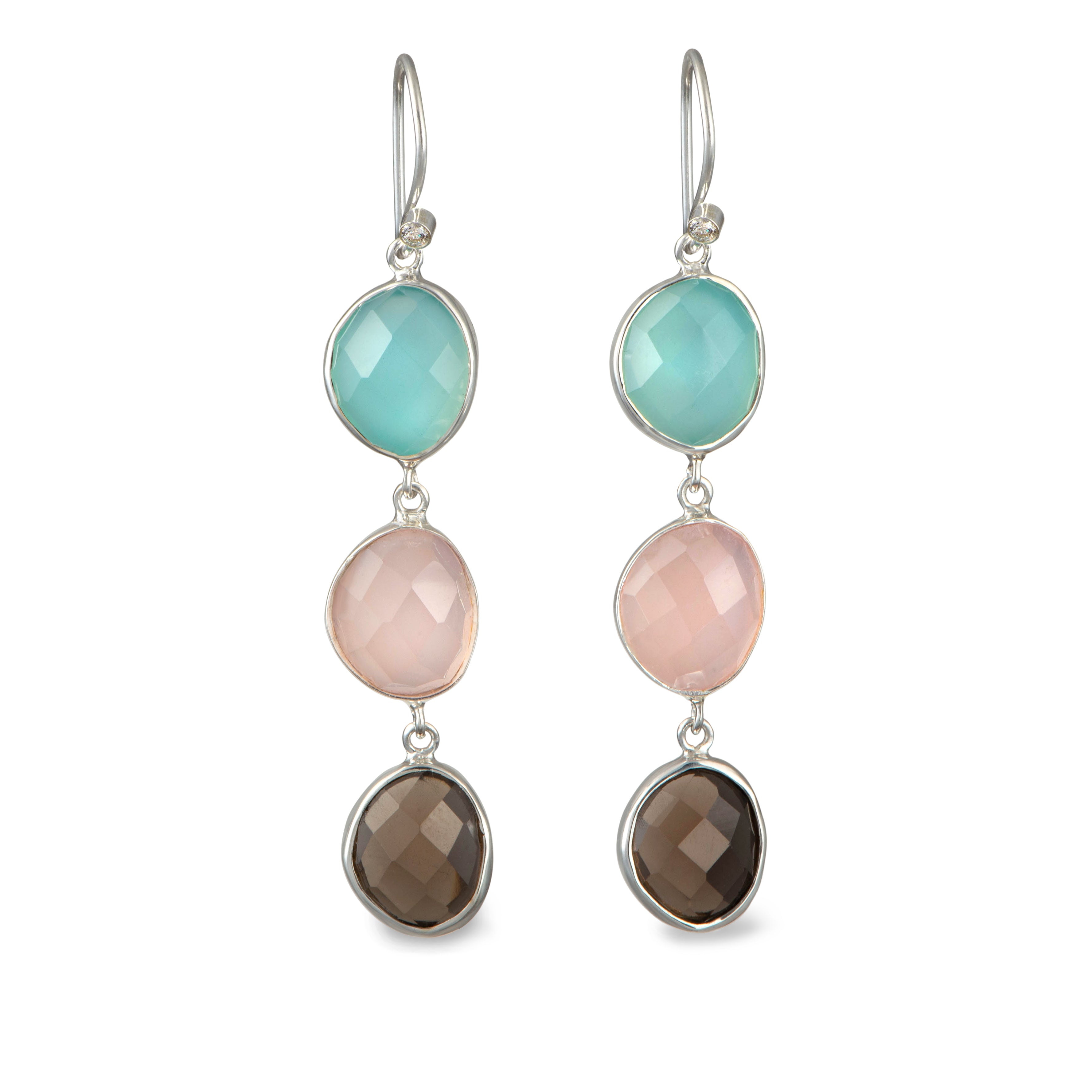 Long Hook Earrings with 3 Faceted Stones - Aqua Chalcedony, Rose Quartz and Smoky Quartz