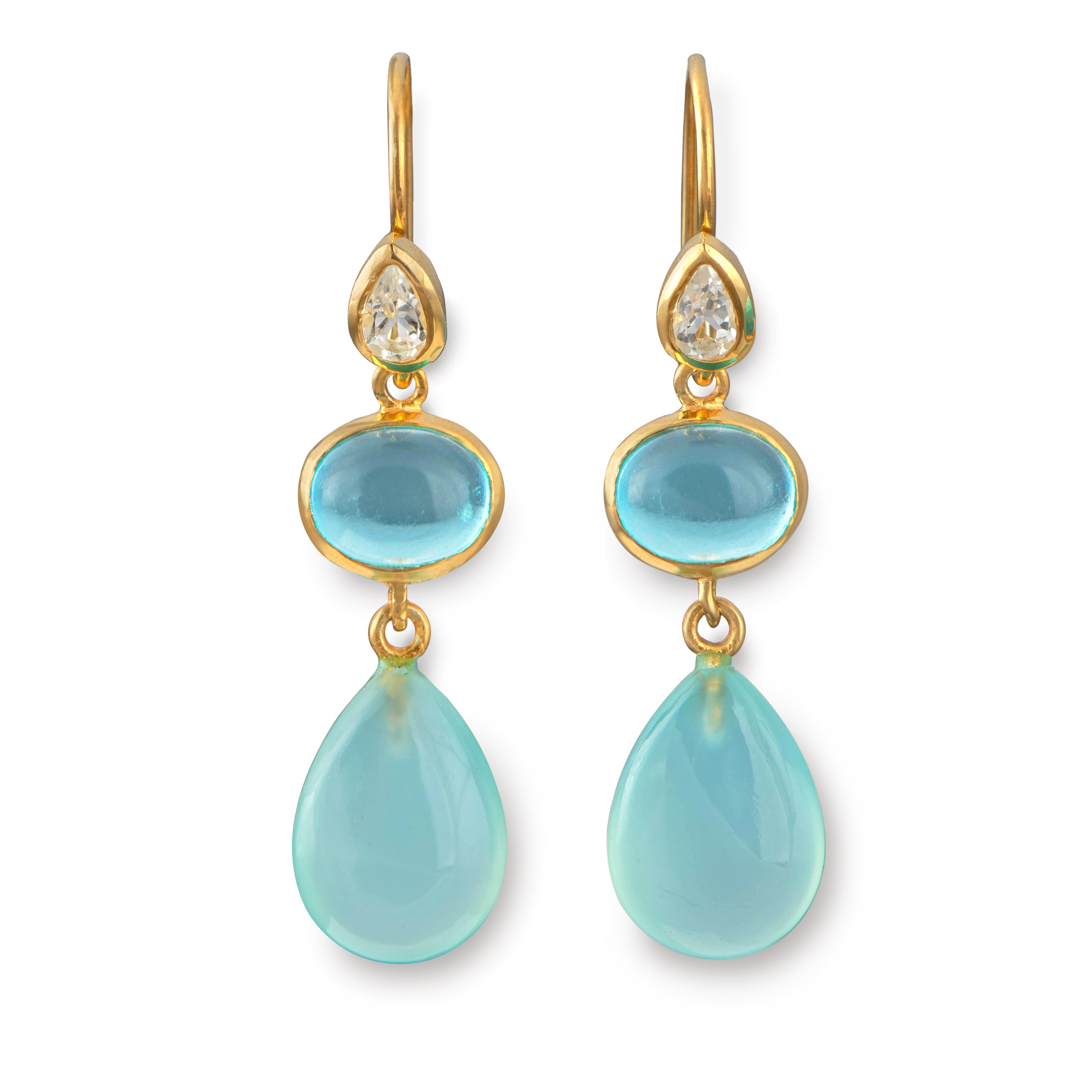 Long Hook Earrings 3 Stones - Faceted Rock Crystal, Cabochon Blue Topaz & Cabochon Aqua Chalcedony
