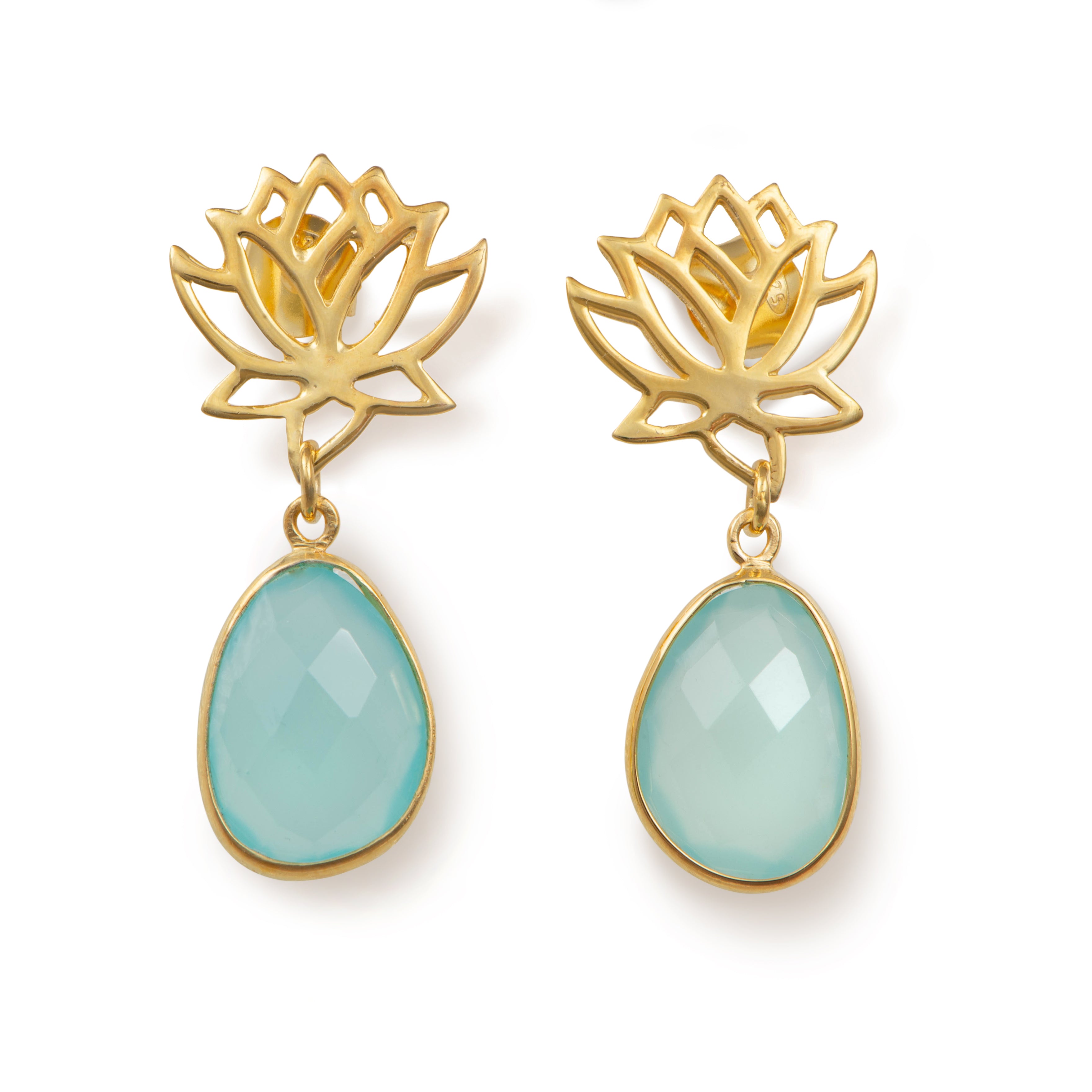 Lotus Earrings in Gold Plated Sterling Silver with an Aqua Chalcedony Gemstone Drop