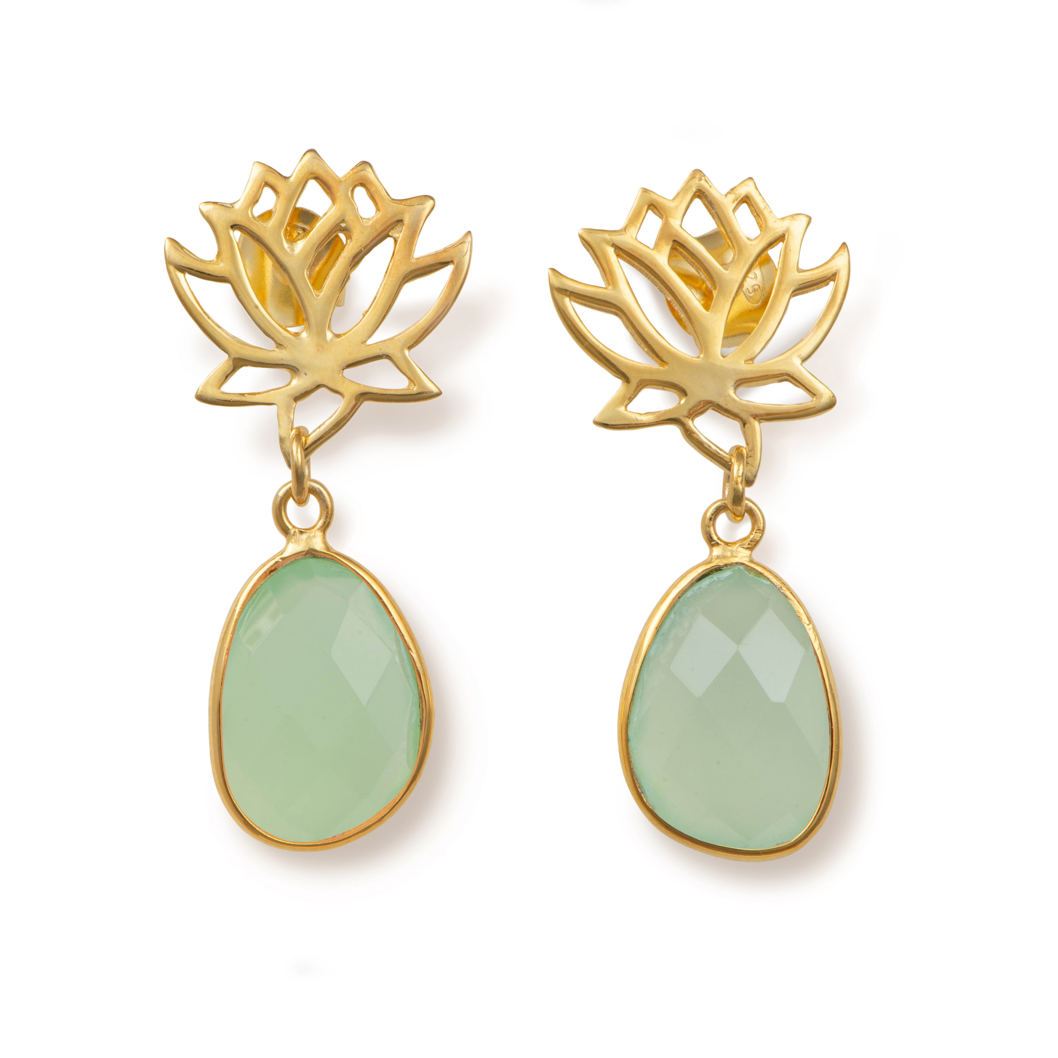 Lotus Earrings in Gold Plated Sterling Silver with a Green Chalcedony Gemstone Drop