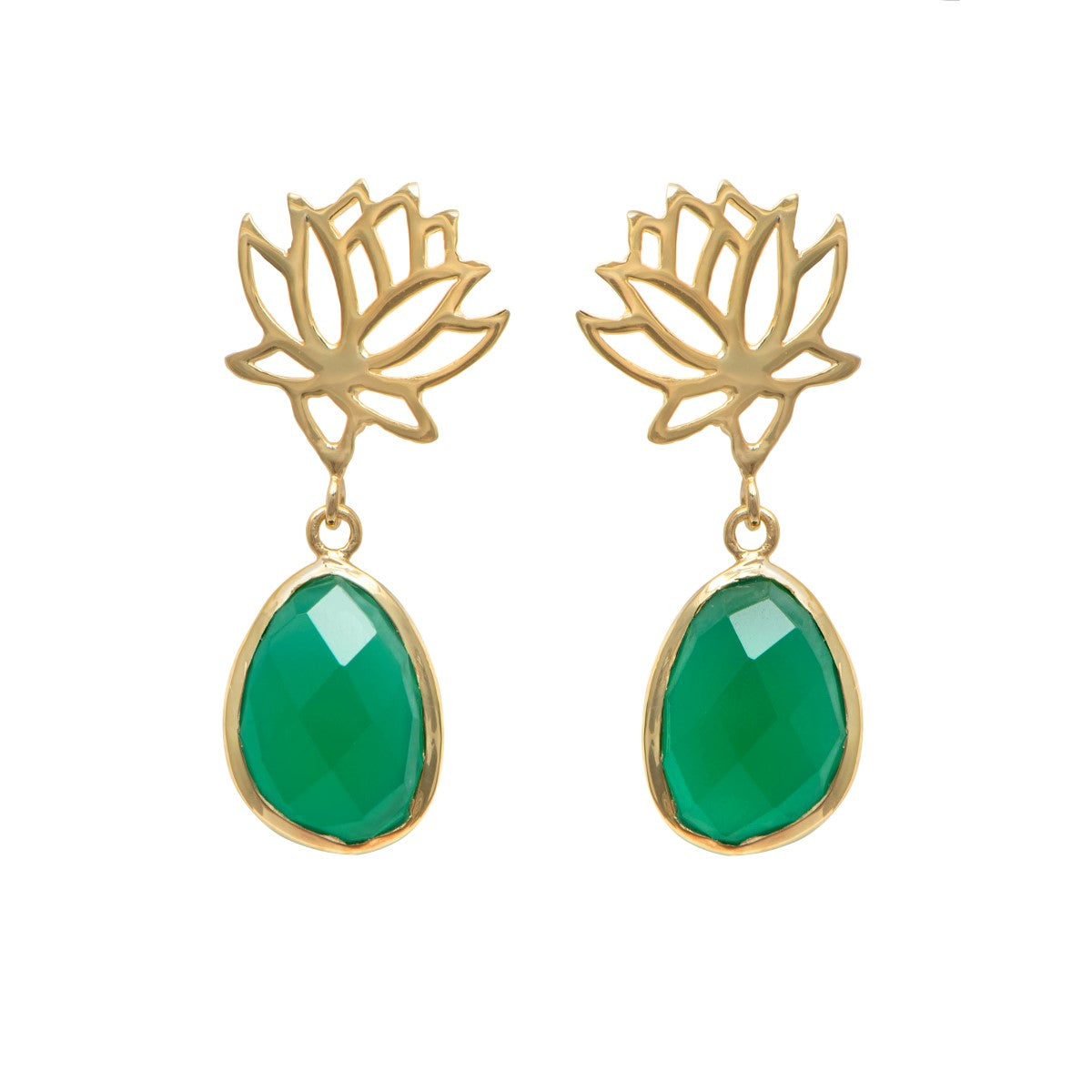 Lotus Earrings in Gold Plated Sterling Silver with a Green Onyx Gemstone Drop