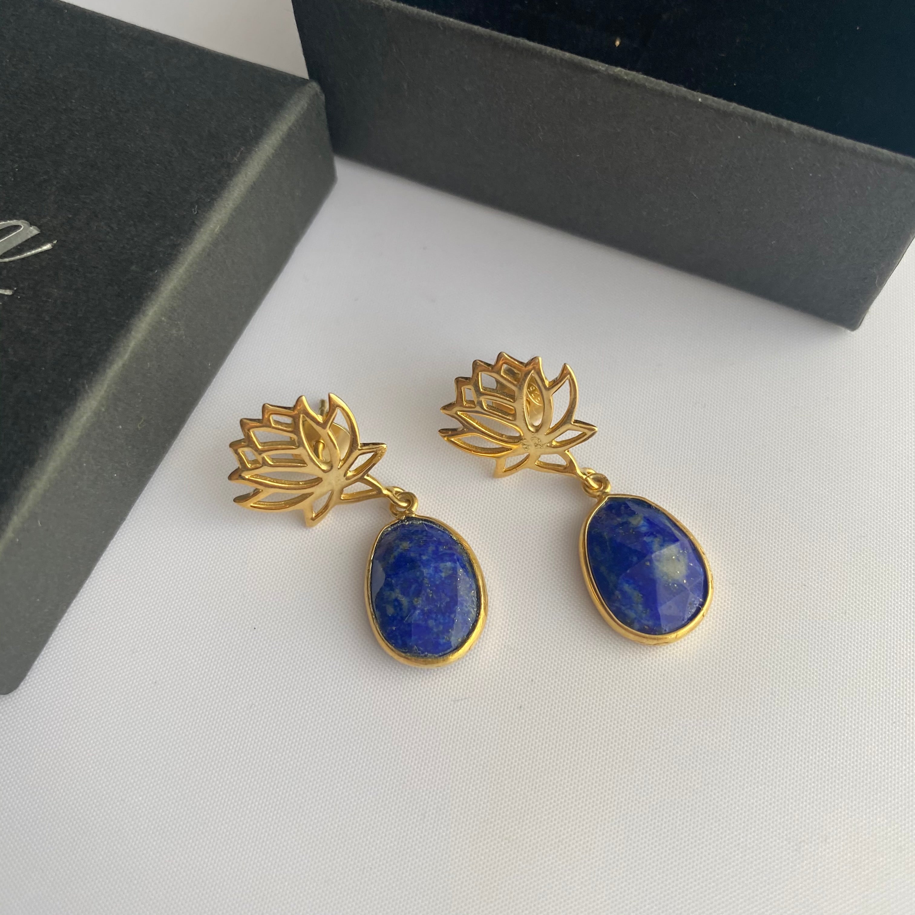 Lotus Earrings in Gold Plated Sterling Silver with a Lapis Lazuli Gemstone Drop