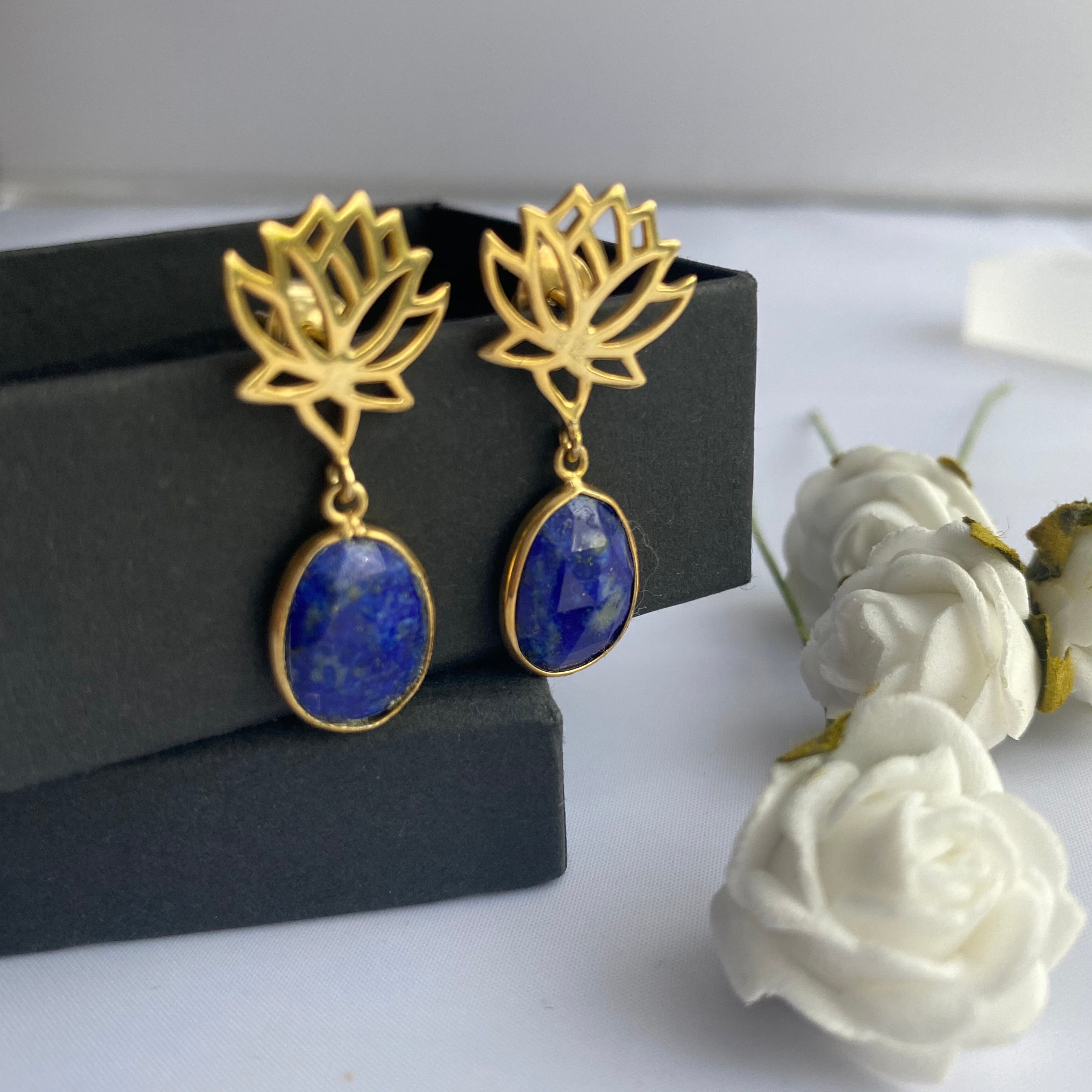 Lotus Earrings in Gold Plated Sterling Silver with a Lapis Lazuli Gemstone Drop