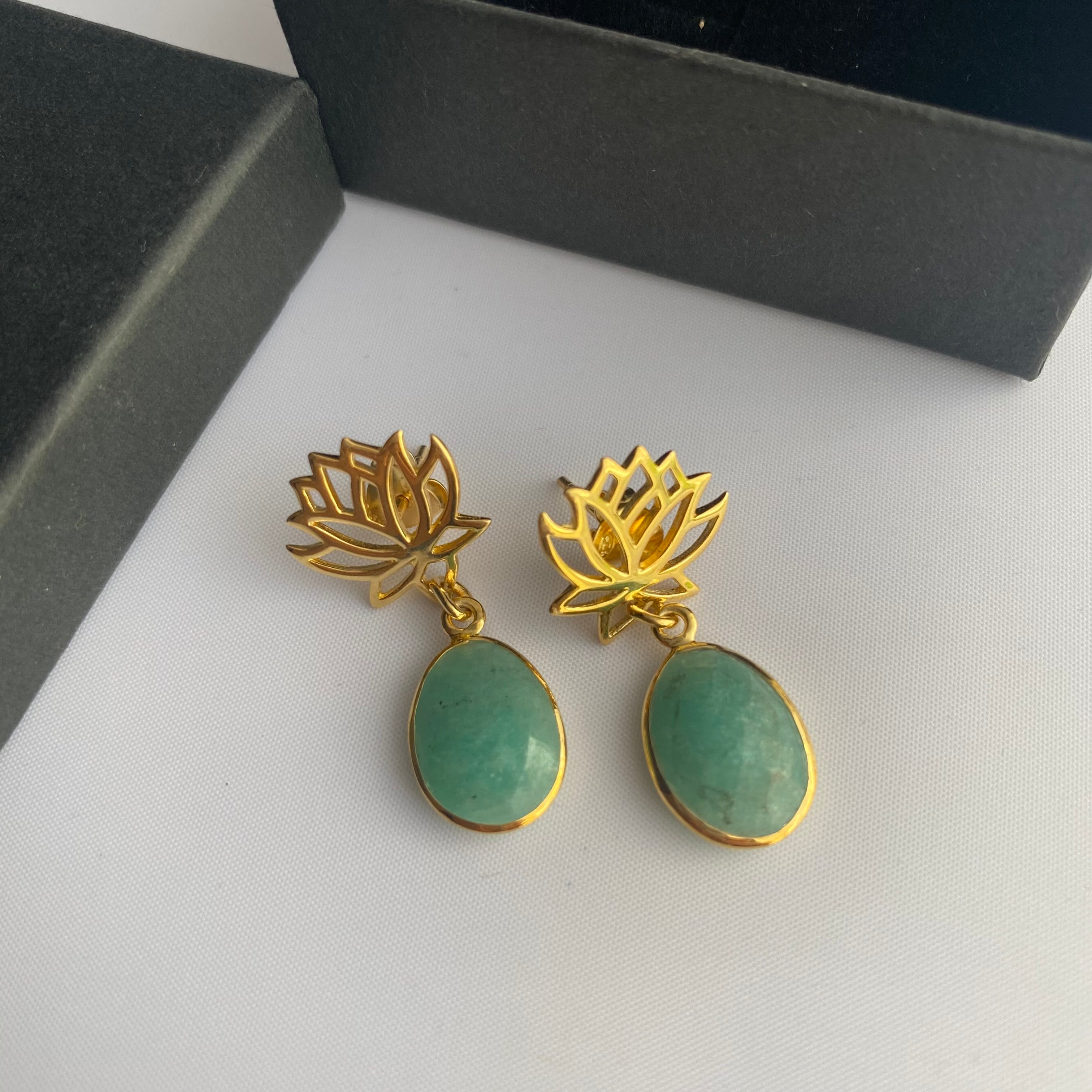 Lotus Earrings in Gold Plated Sterling Silver with an Amazonite Gemstone Drop