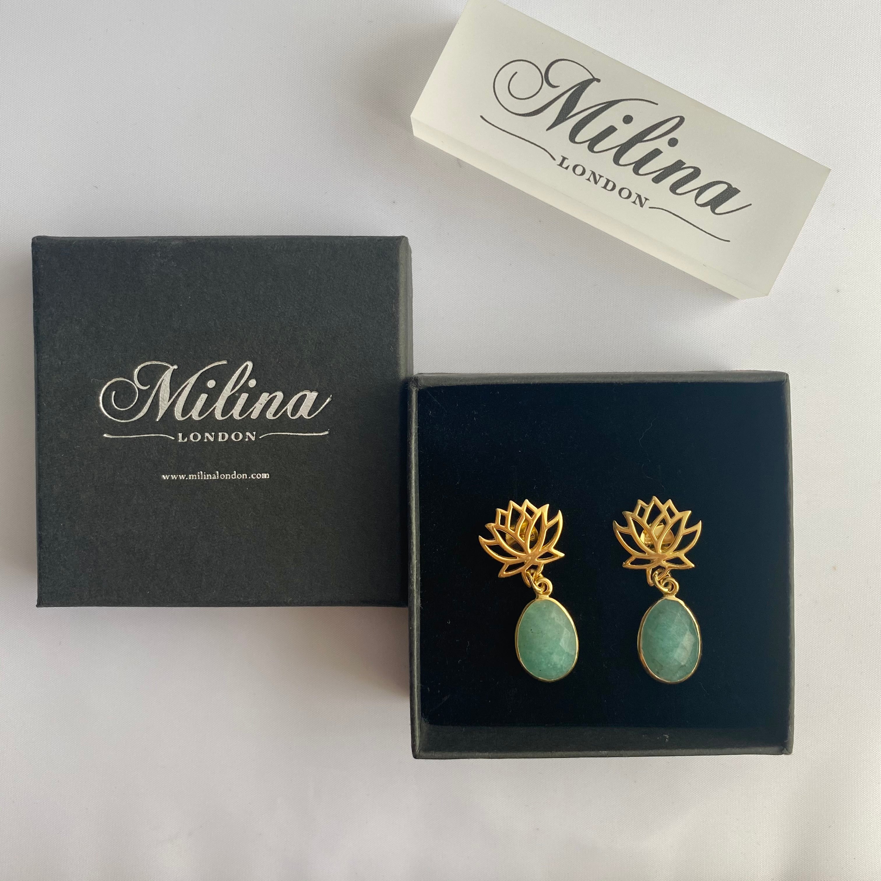 Lotus Earrings in Gold Plated Sterling Silver with an Amazonite Gemstone Drop