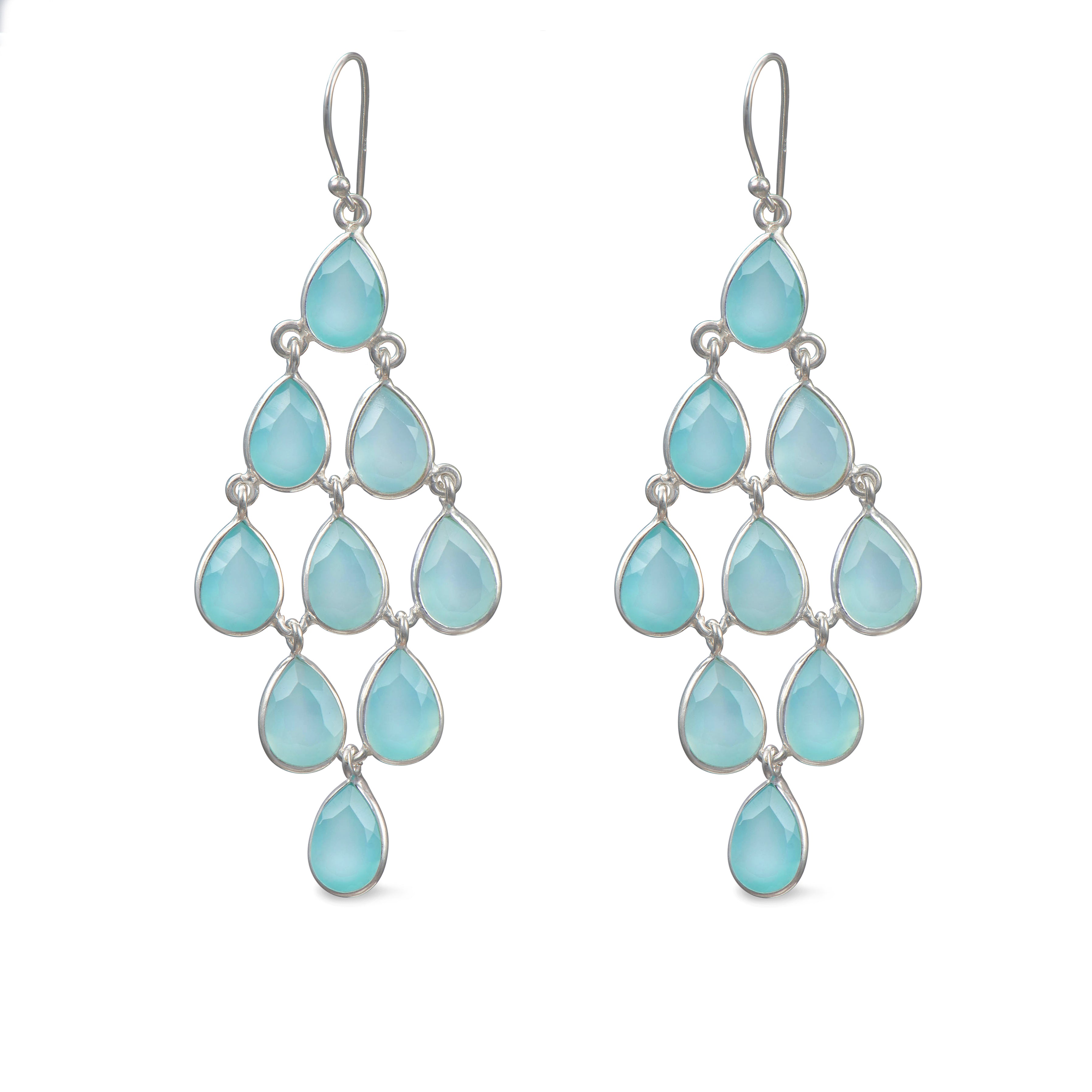 Sterling Silver Chandelier Earrings with Natural Gemstones - Aqua Chalcedony