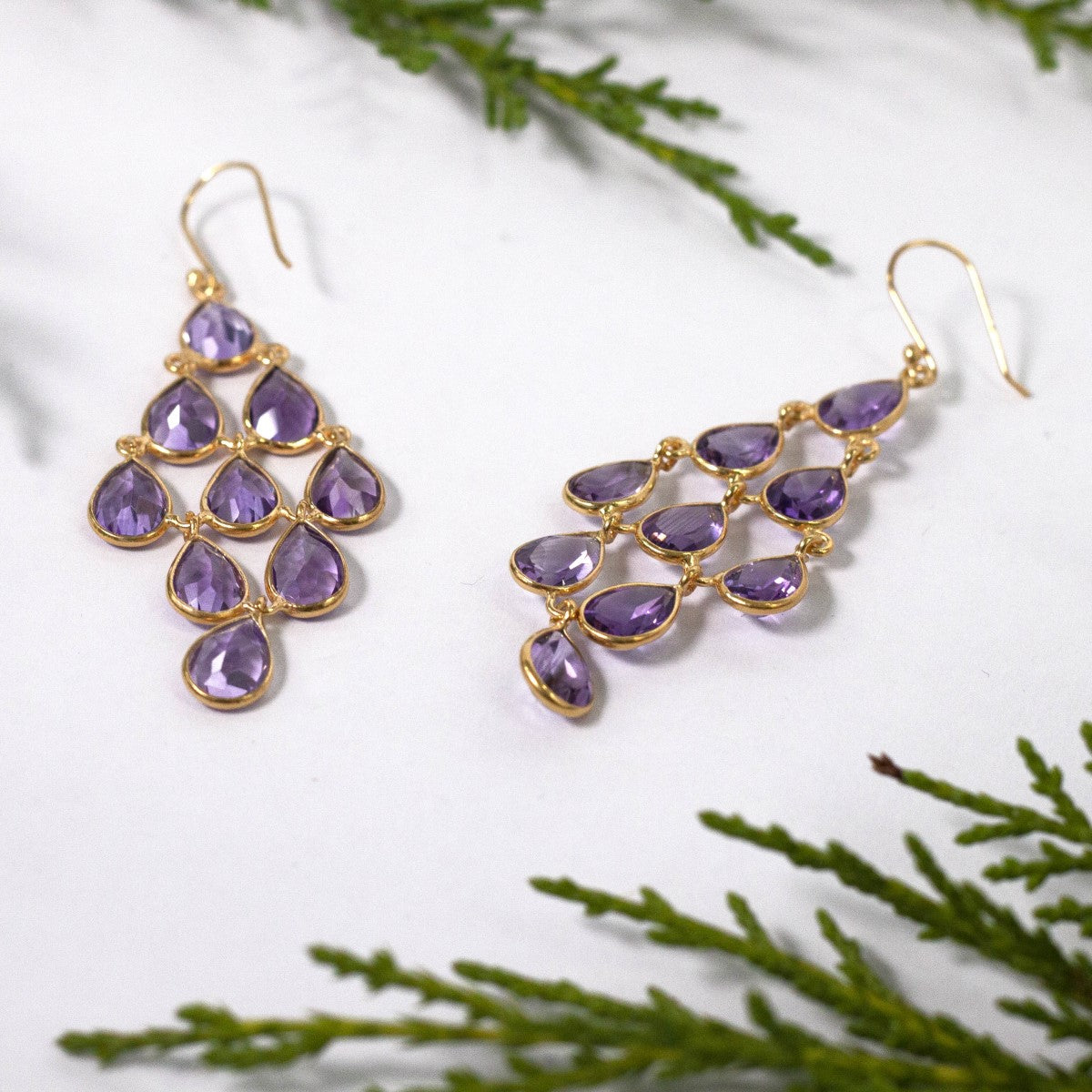 Gold Plated Sterling Silver Chandelier Earrings with Natural Gemstones  - Amethyst