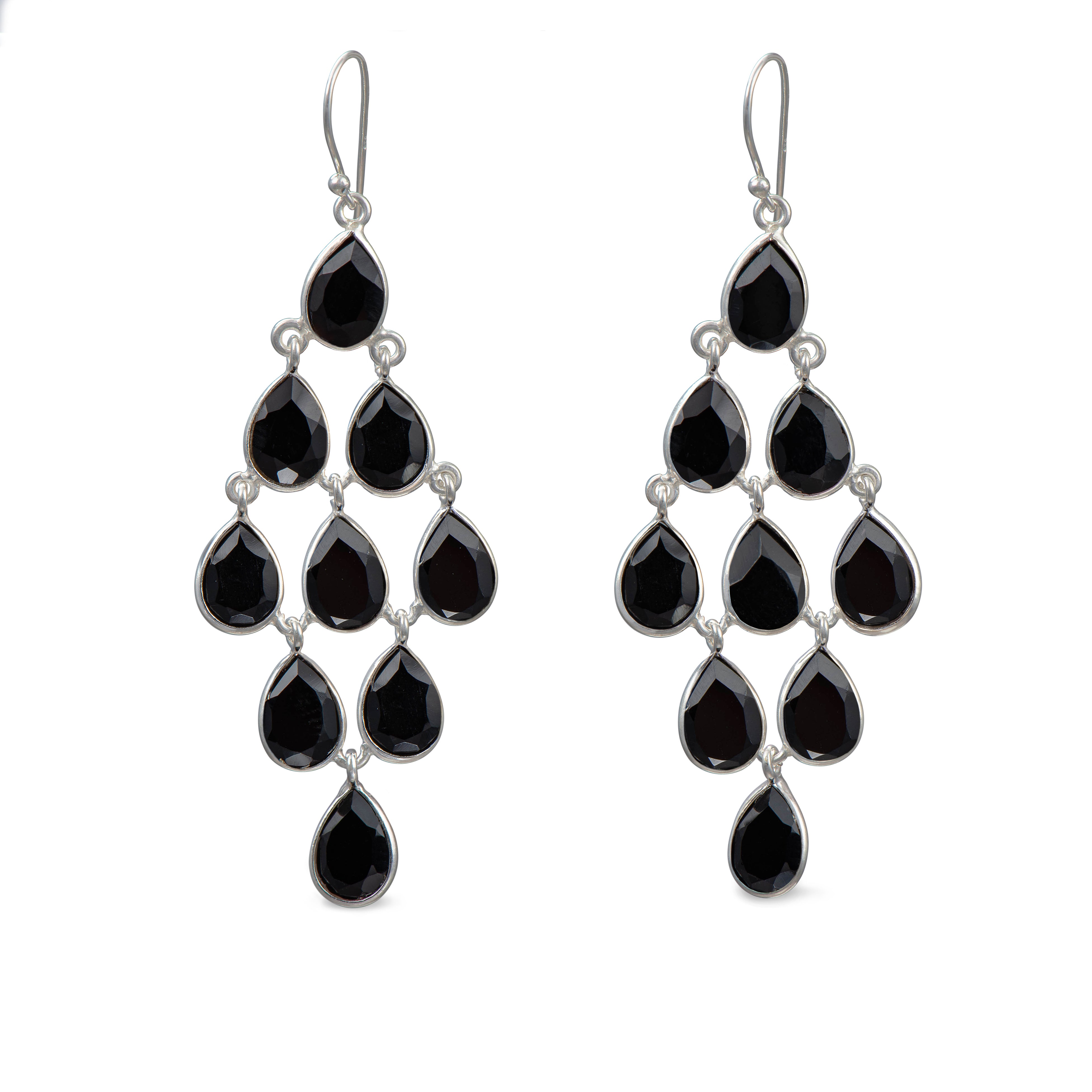 Sterling Silver Chandelier Earrings with Natural Gemstones - Black Onyx