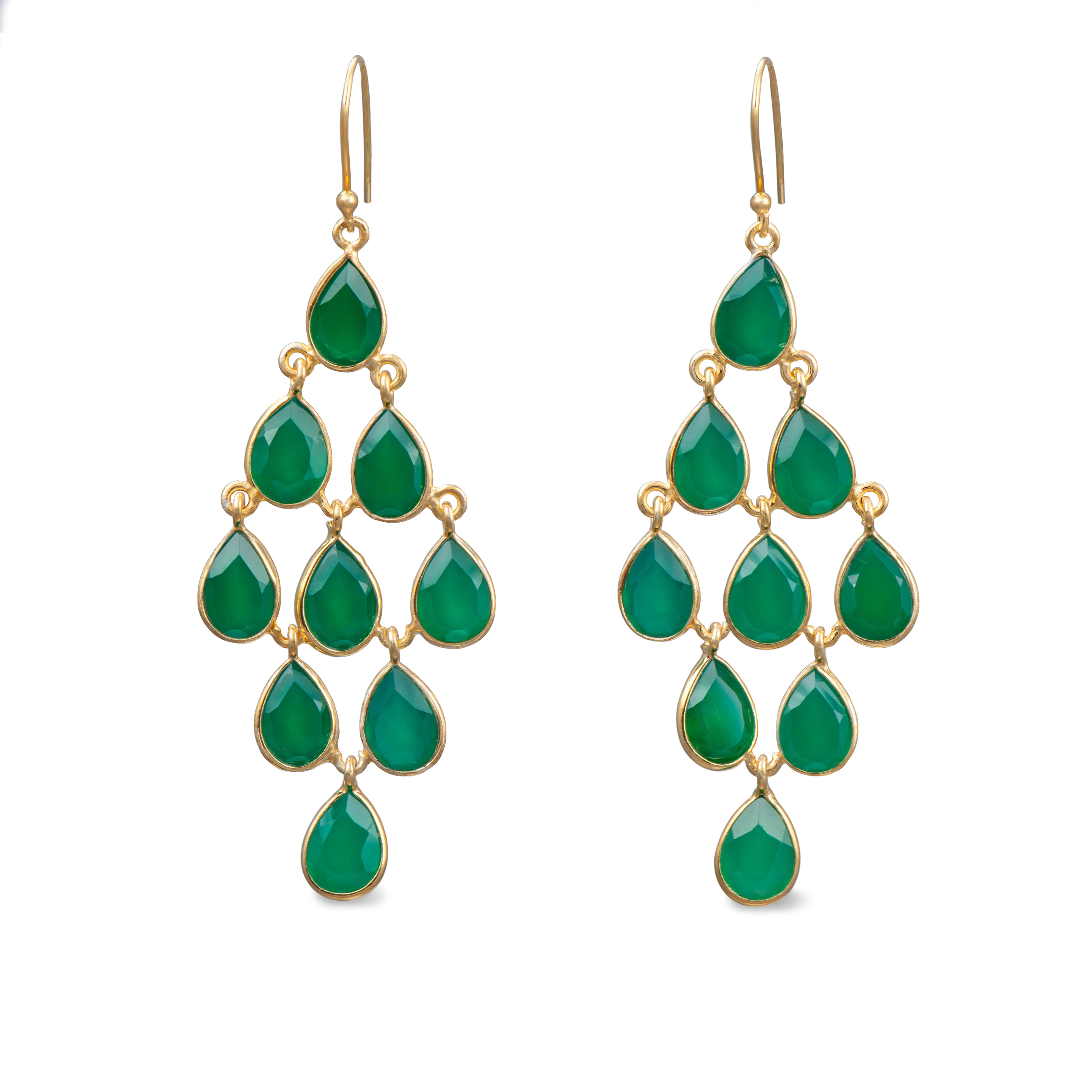 Gold Plated Sterling Silver Chandelier Earrings with Natural Gemstones - Green Onyx