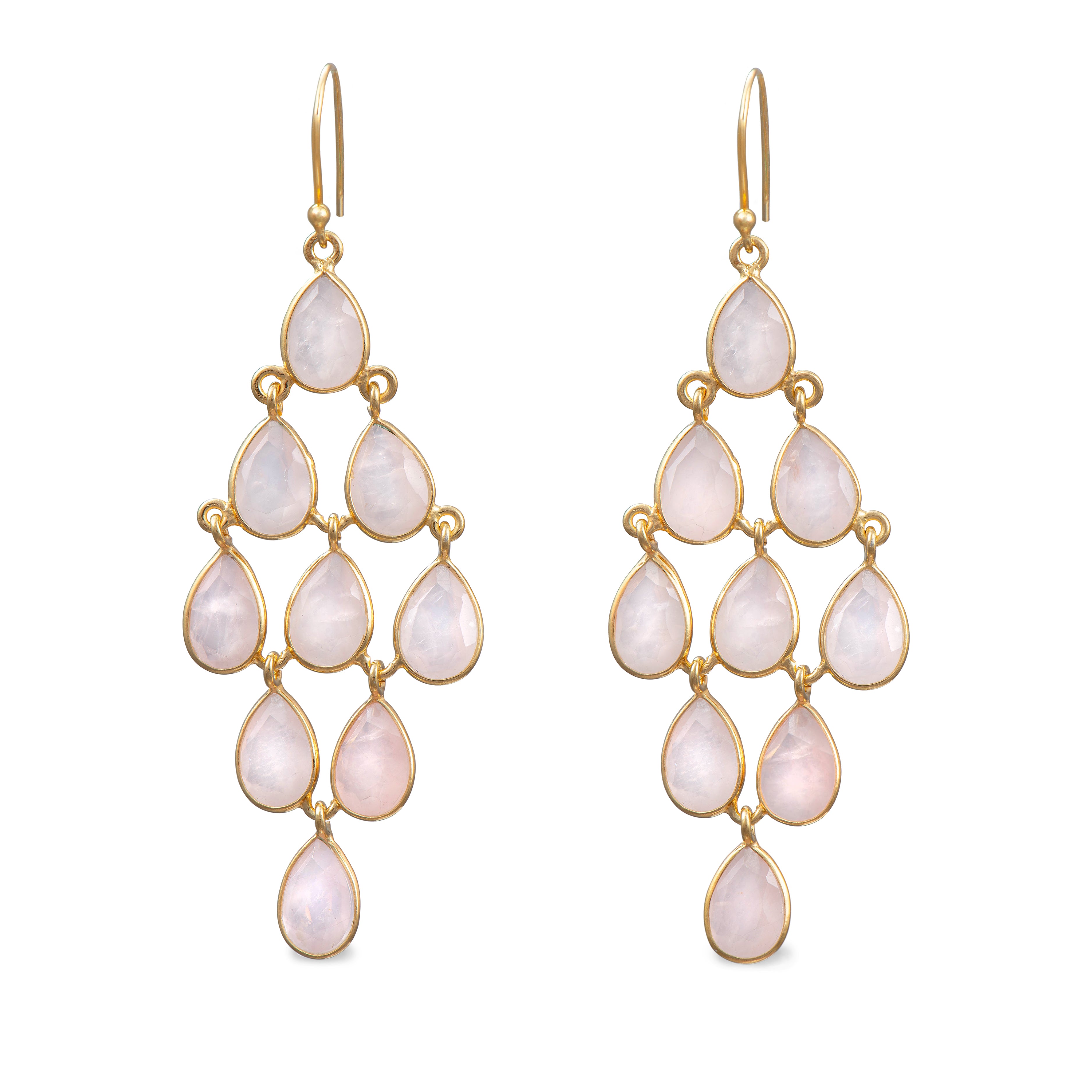 Gold Plated Sterling Silver Chandelier Earrings with Natural Gemstones - Rose Quartz