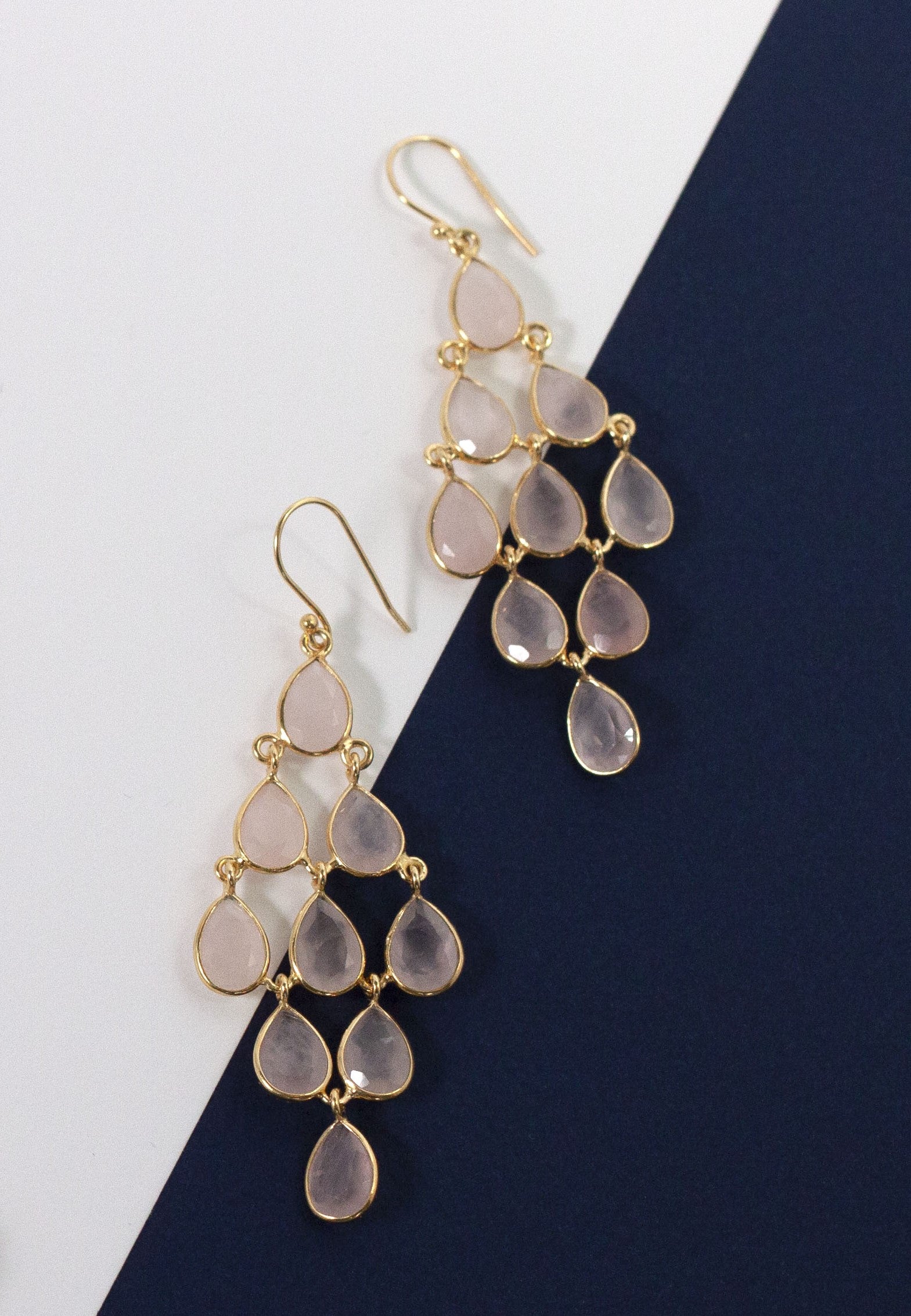 Gold Plated Sterling Silver Chandelier Earrings with Natural Gemstones - Rose Quartz