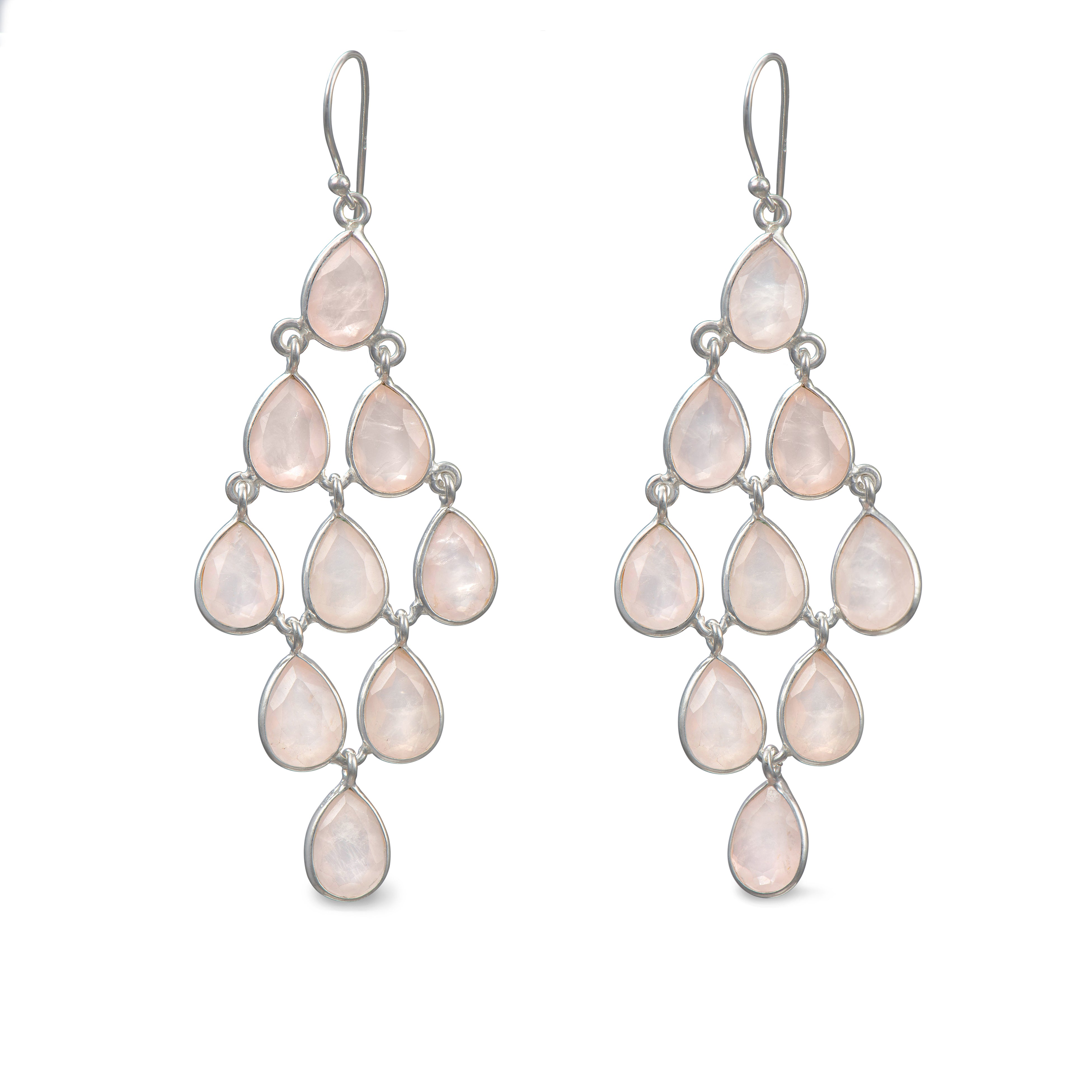 Sterling Silver Chandelier Earrings with Natural Gemstones - Rose Quartz