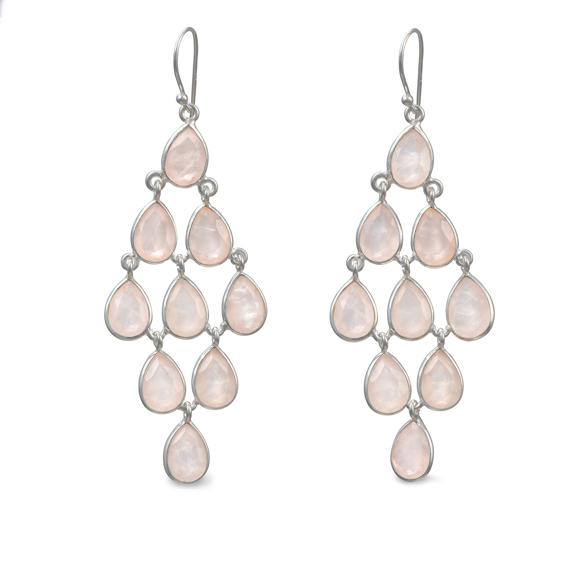 Sterling Silver Chandelier Earrings Rose Quartz Milina London