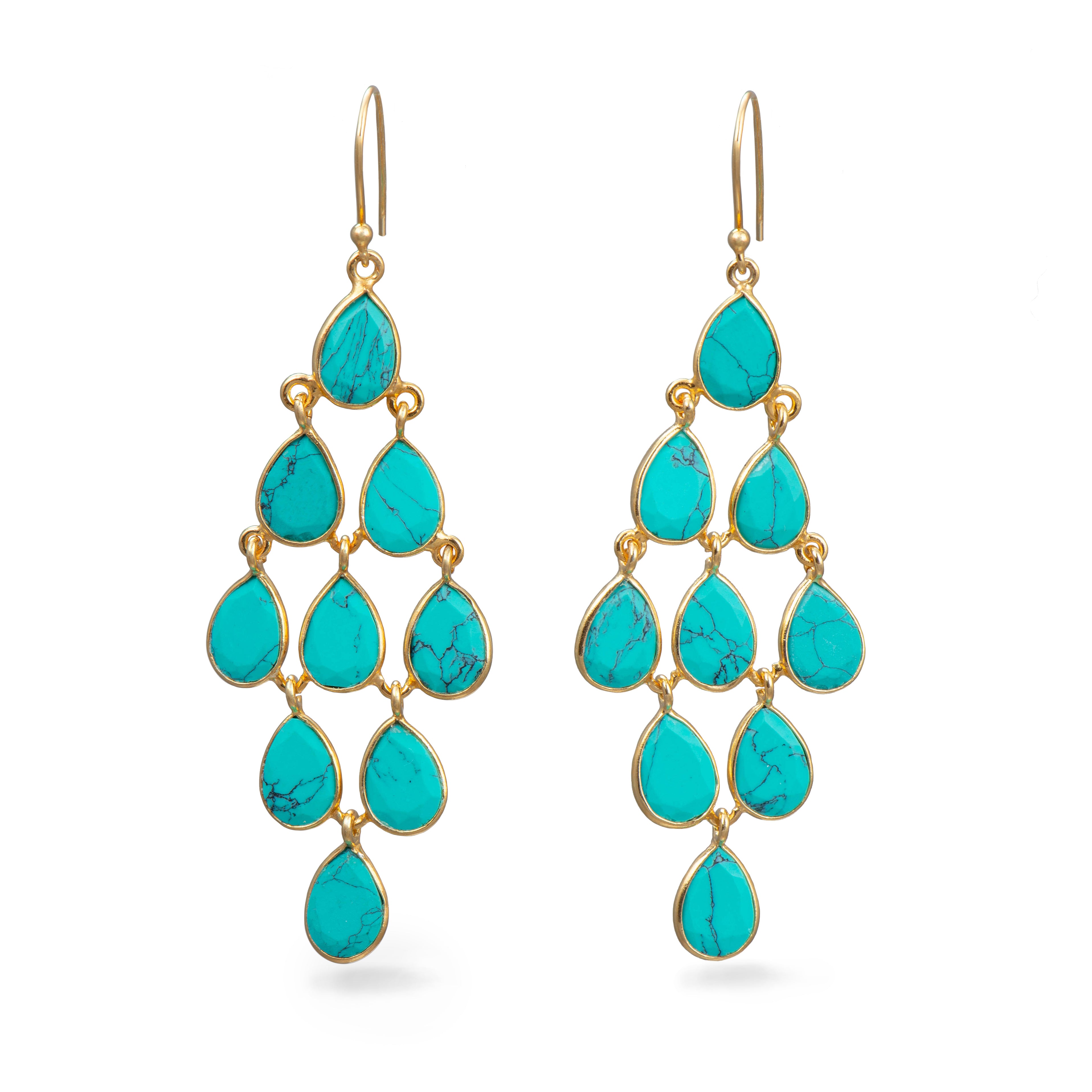 Gold Plated Sterling Silver Chandelier Earrings with Natural Gemstones - Turquoise