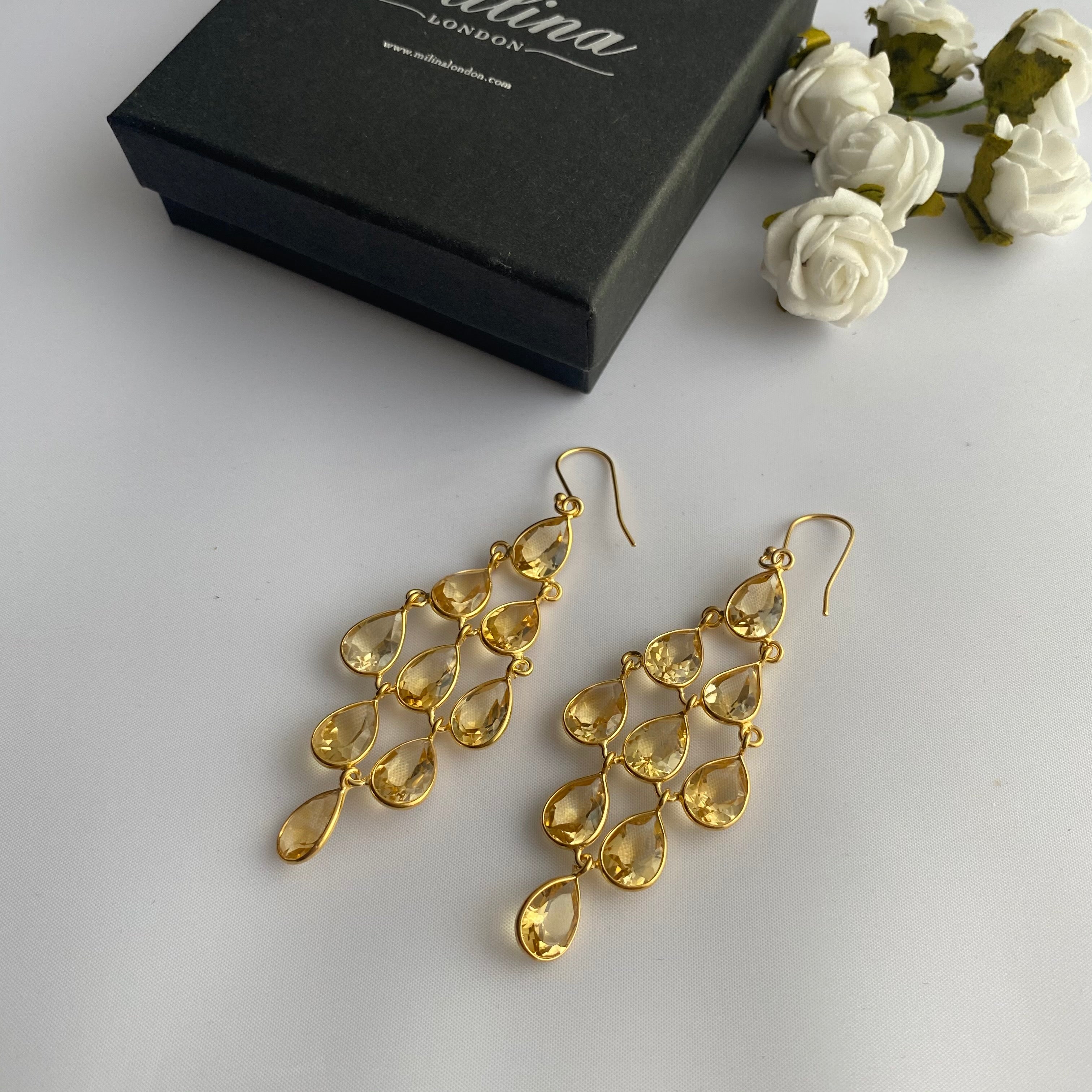 Gold Plated Sterling Silver Chandelier Earrings with Natural Gemstones - Citrine