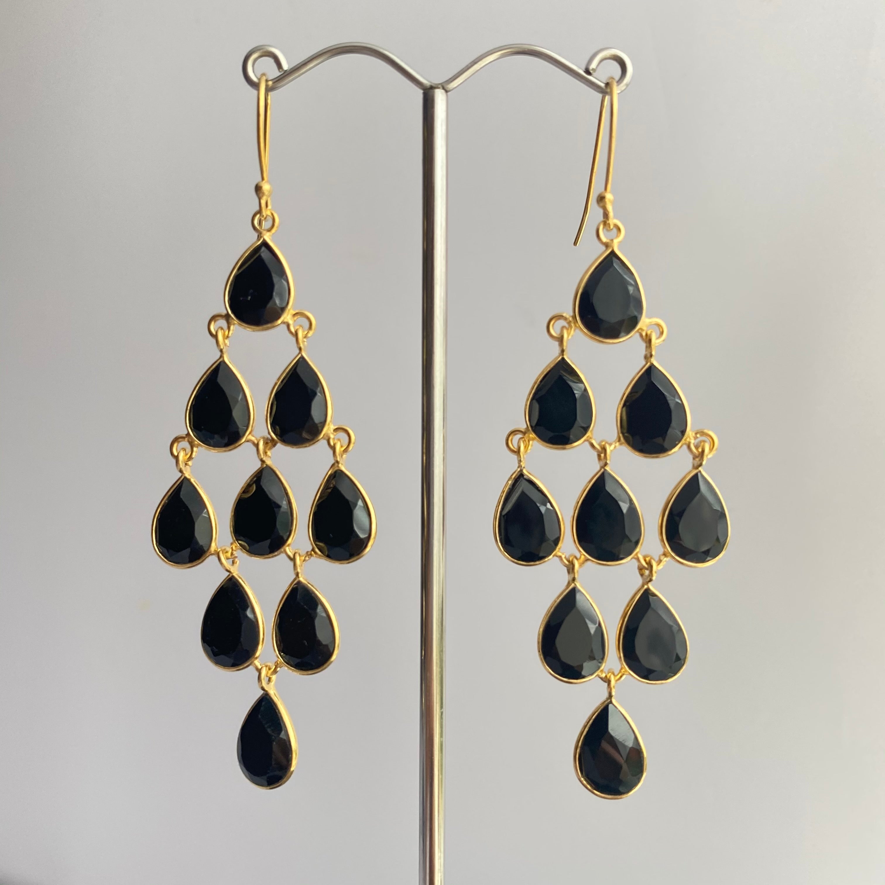 Gold Plated Sterling Silver Chandelier Earrings with Natural Gemstones  - Black Onyx