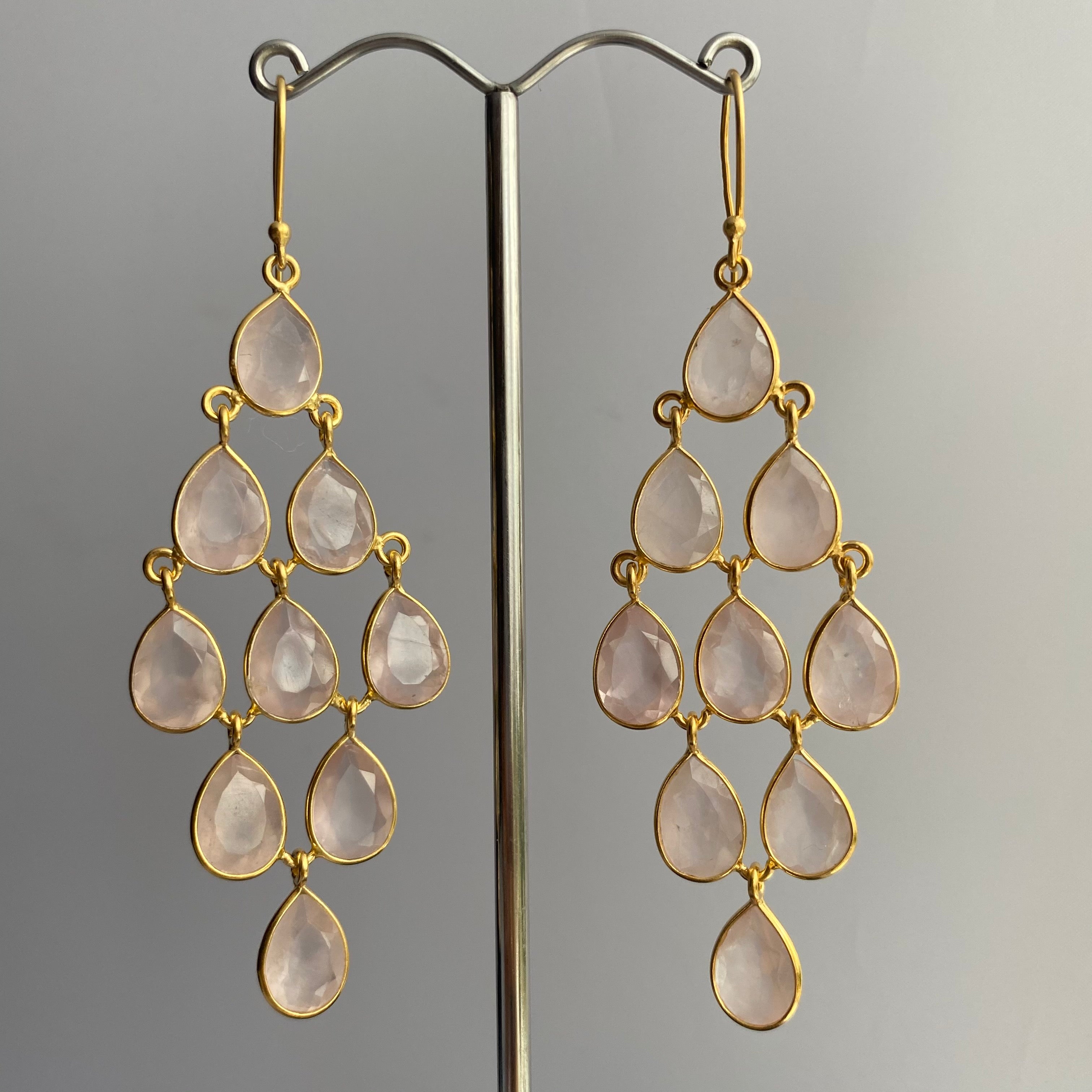 Gold Plated Sterling Silver Chandelier Earrings with Natural Gemstones - Rose Quartz