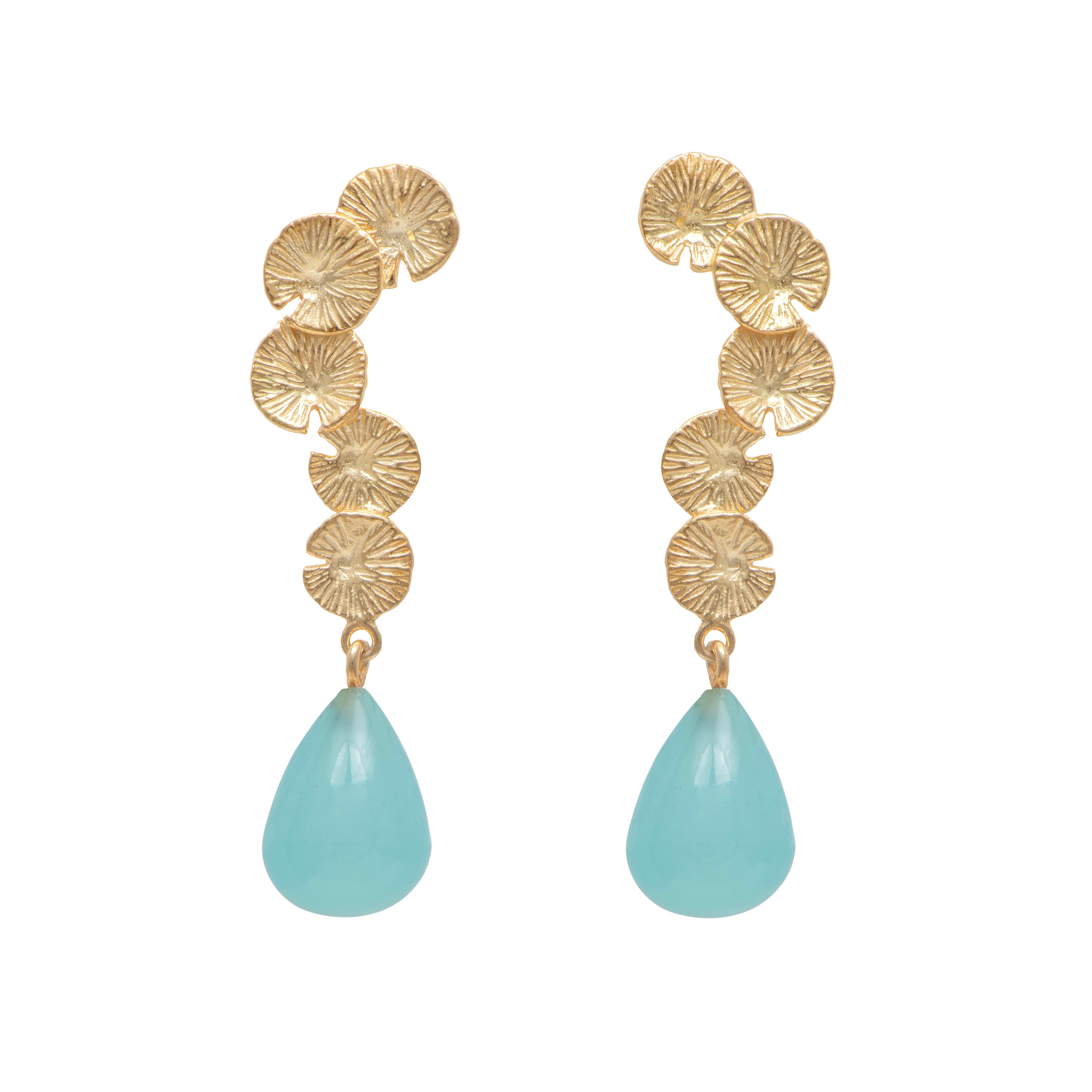 Lily Pad Earrings in Gold Plated Sterling Silver with an Aqua Chalcedony Stone Drop