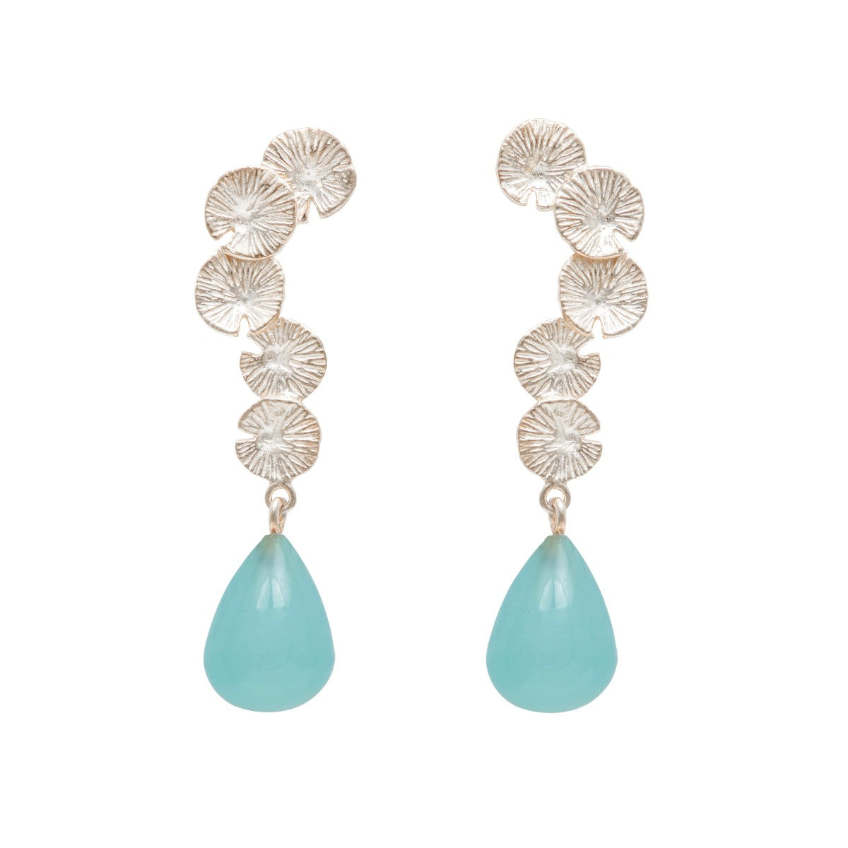Lily Pad Earrings in Sterling Silver with an Aqua Chalcedony Stone Drop