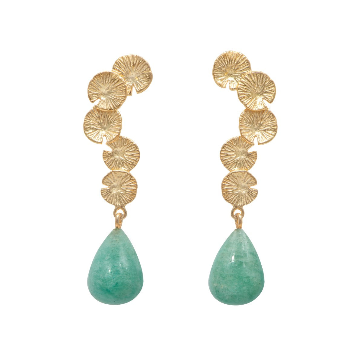 Lily Pad Earrings in Gold Plated Sterling Silver with a Amazonite Stone Drop