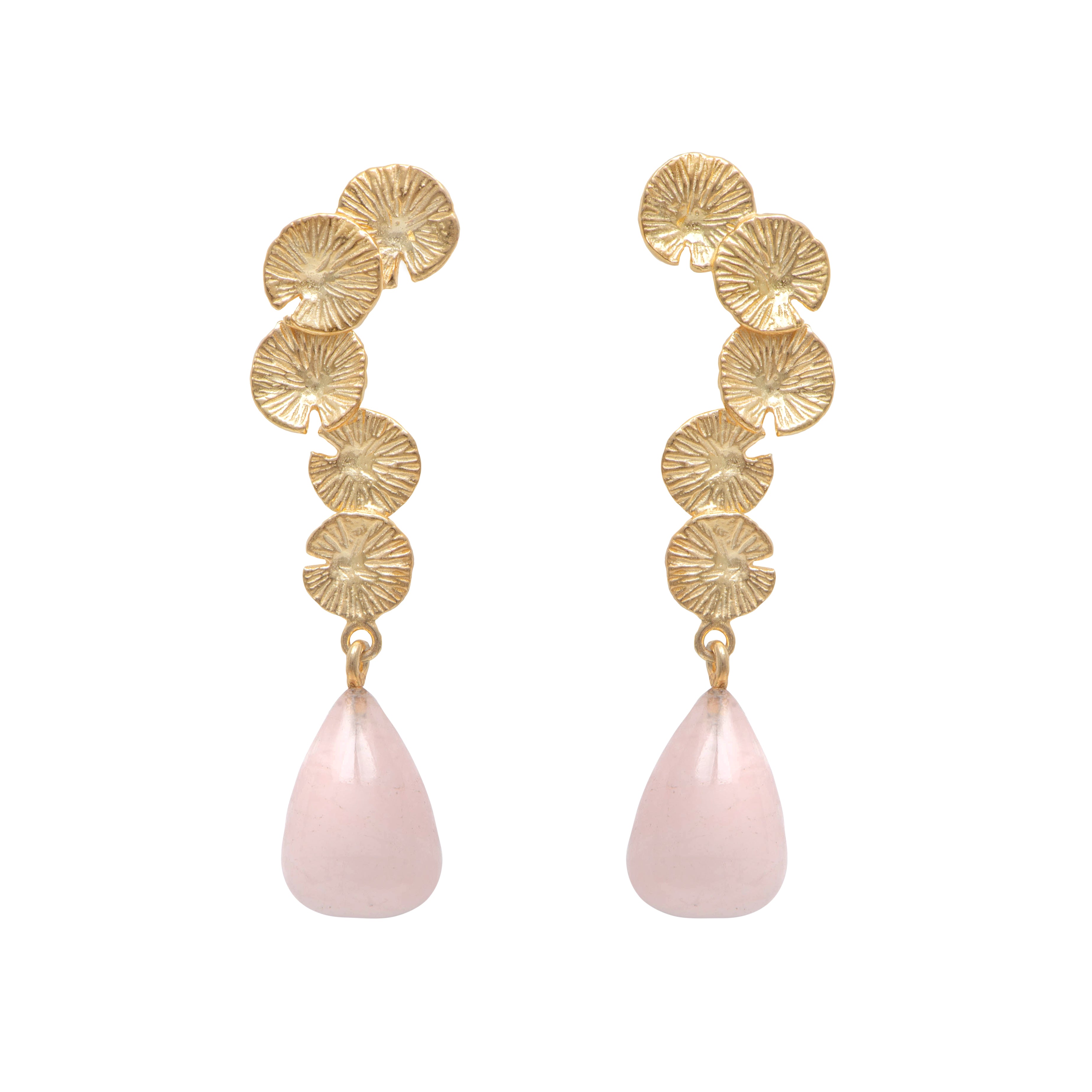 Lily Pad Earrings in Gold Plated Sterling Silver with a Rose Quartz Stone Drop