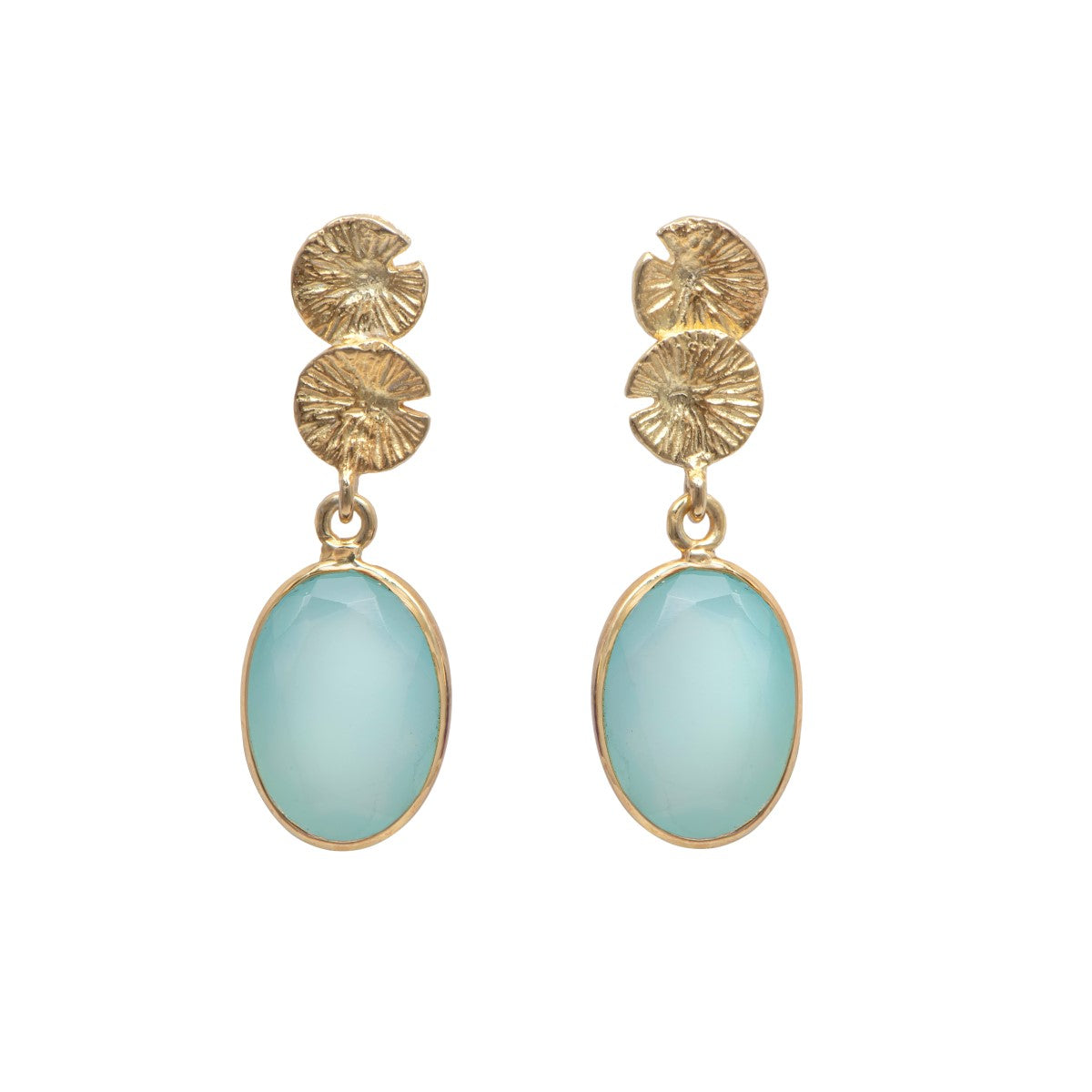 Lily Pad Earrings in Gold Plated Sterling Silver with an Aqua Chalcedony Gemstone Drop