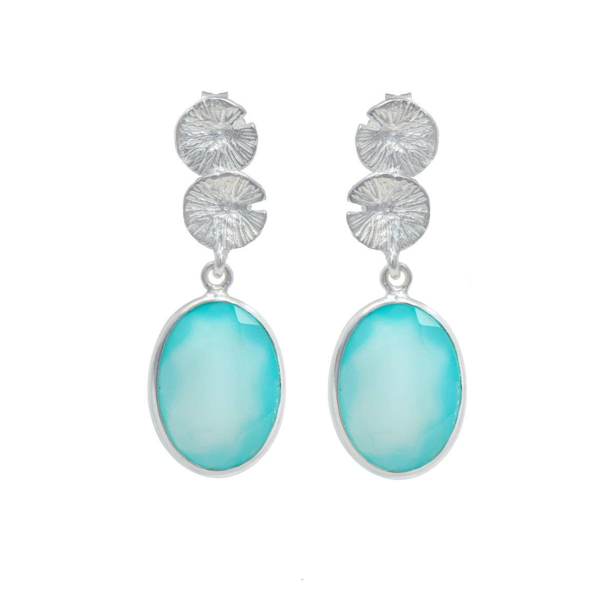 Lily Pad Earrings in Sterling Silver with an Aqua Chalcedony Gemstone Drop