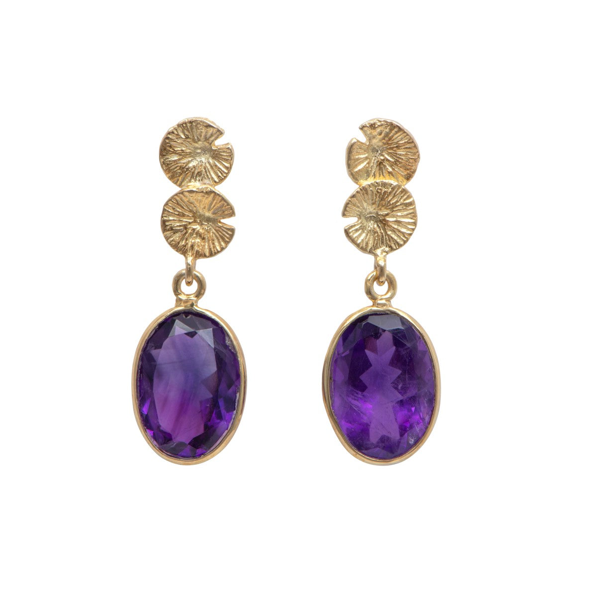 Lily Pad Earrings in Gold Plated Sterling Silver with an Amethyst Gemstone Drop